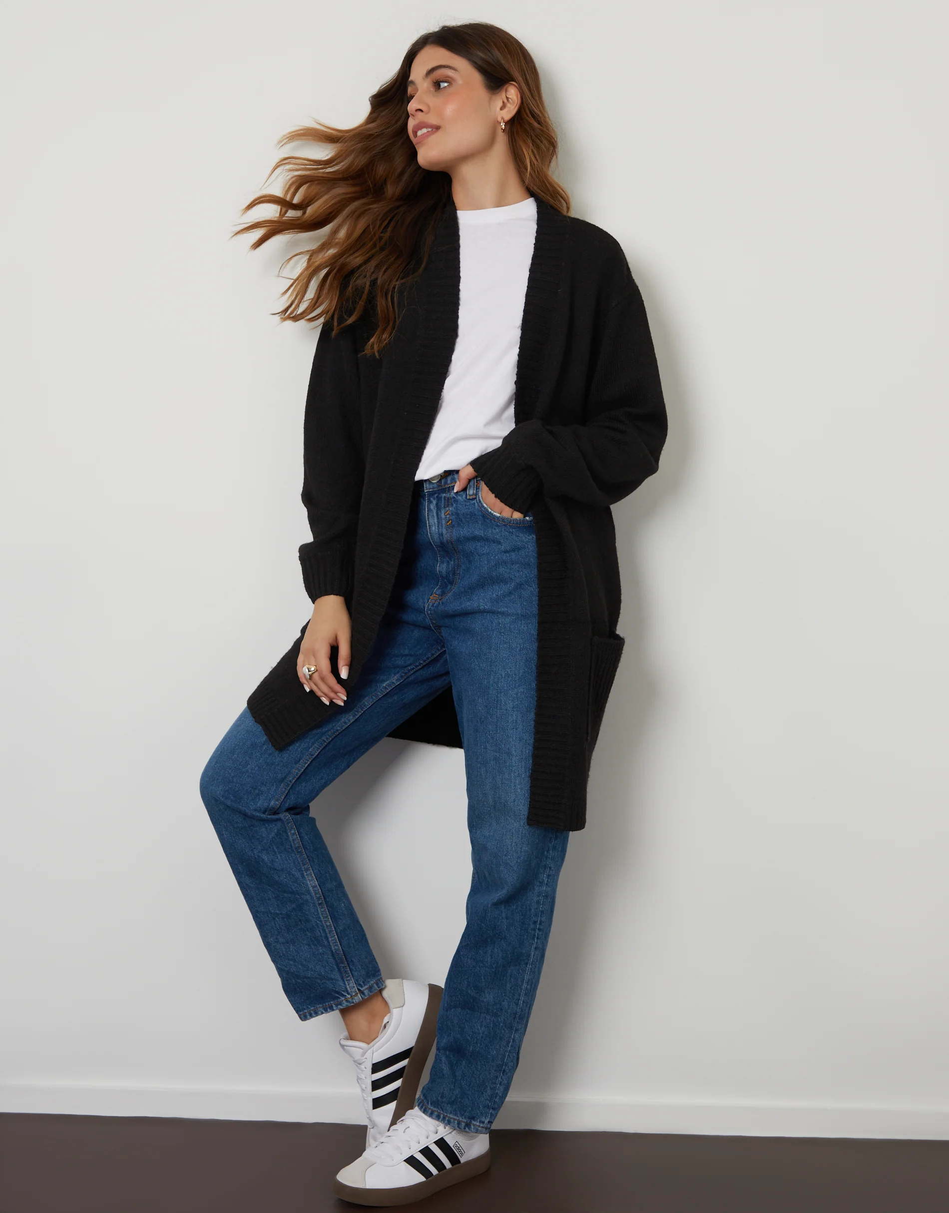 Longline Knitted Open Cardigan in Black - Image 4