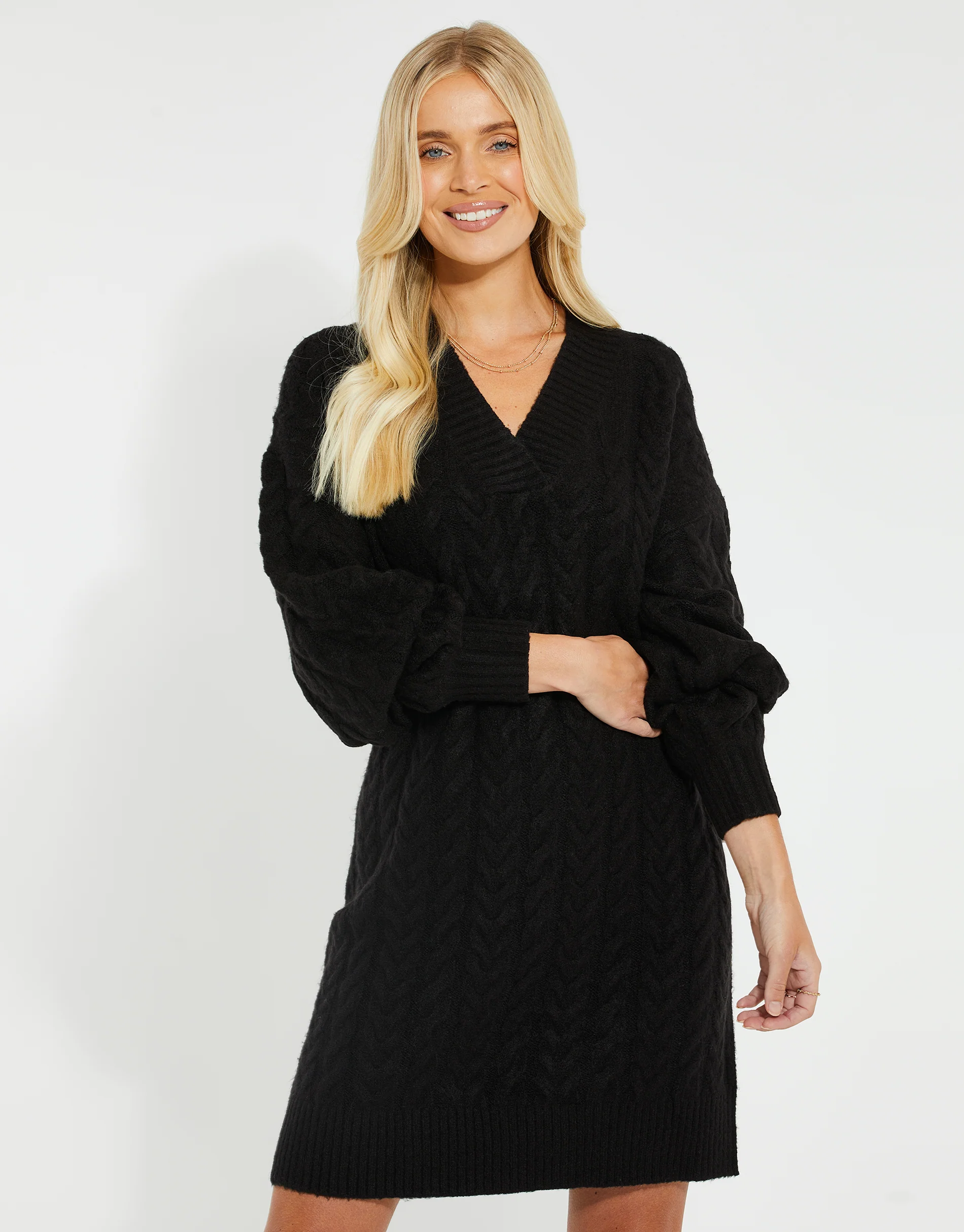 Cable Knit V-Neck Jumper Dress in Black - Image 3