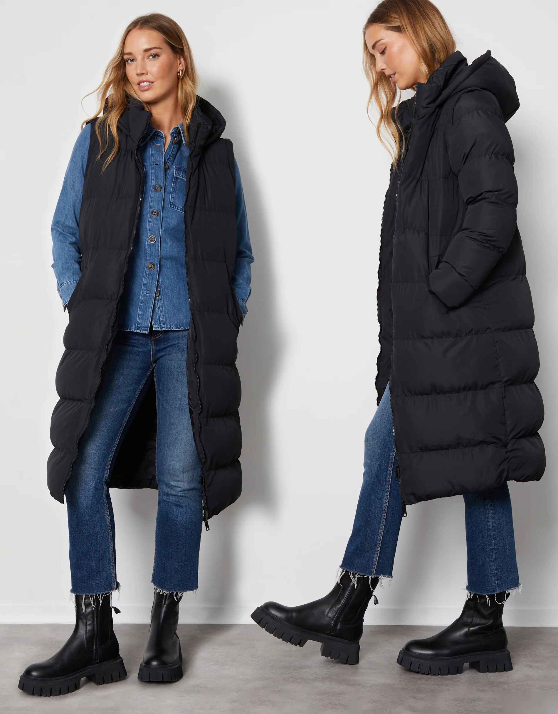 Padded Longline 2-in-1 Puffer Jacket with Detachable Sleeves in Black