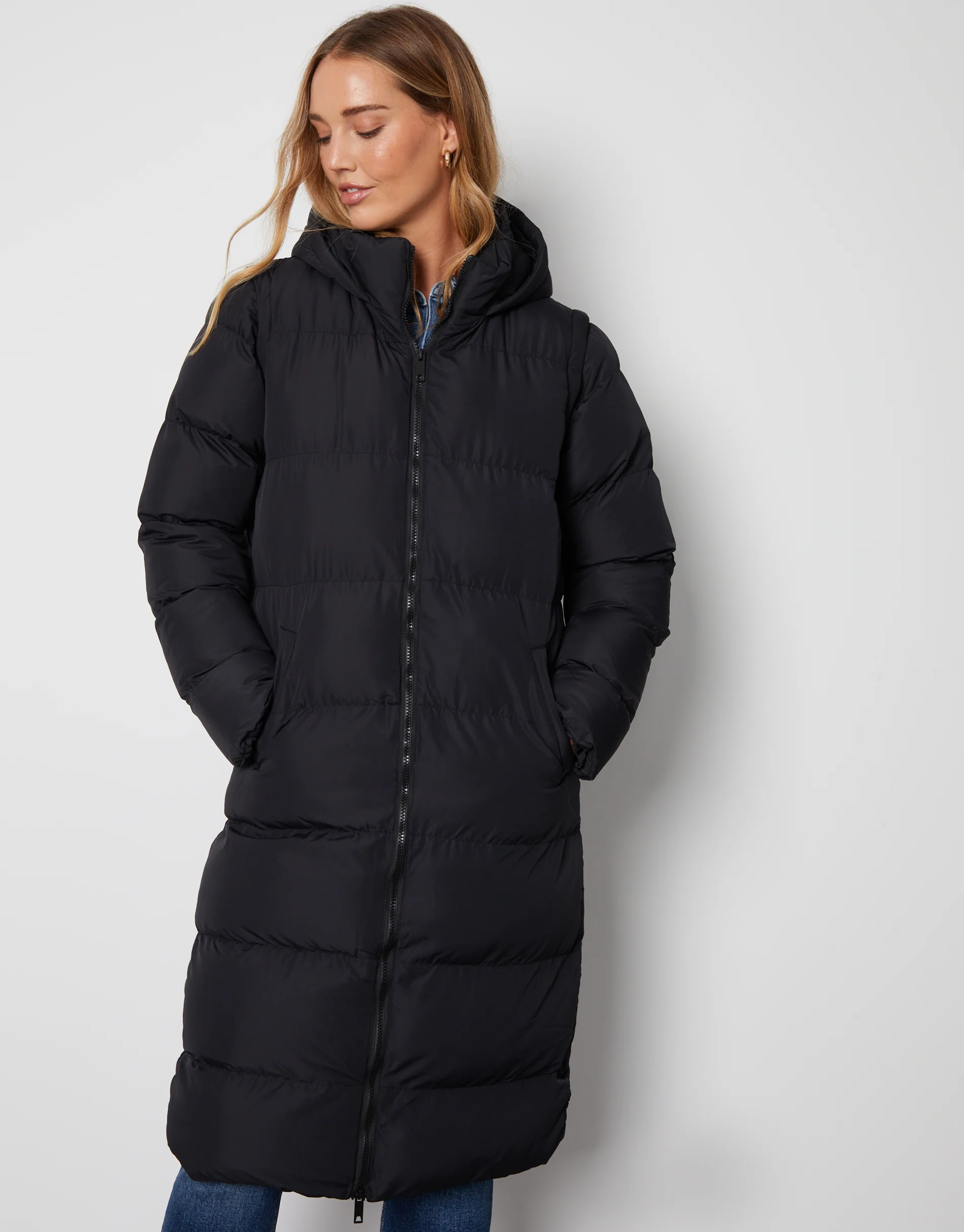 Padded Longline 2-in-1 Puffer Jacket with Detachable Sleeves in Black - Image 5