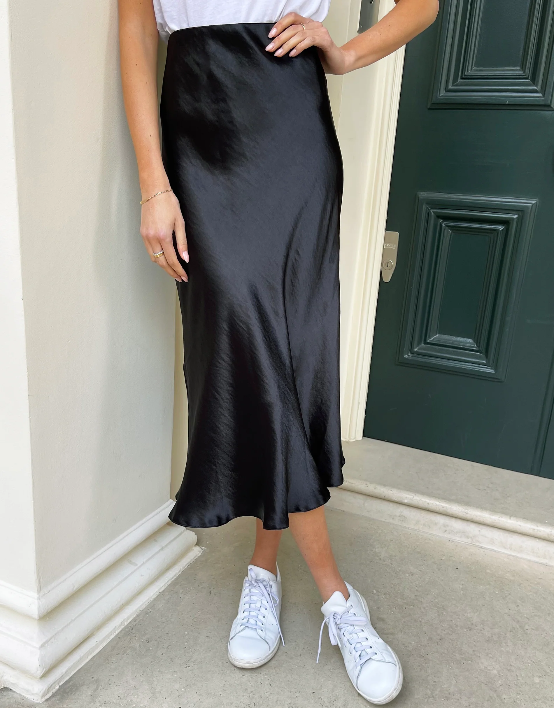 Satin Slip Midi Skirt in Black - Image 4