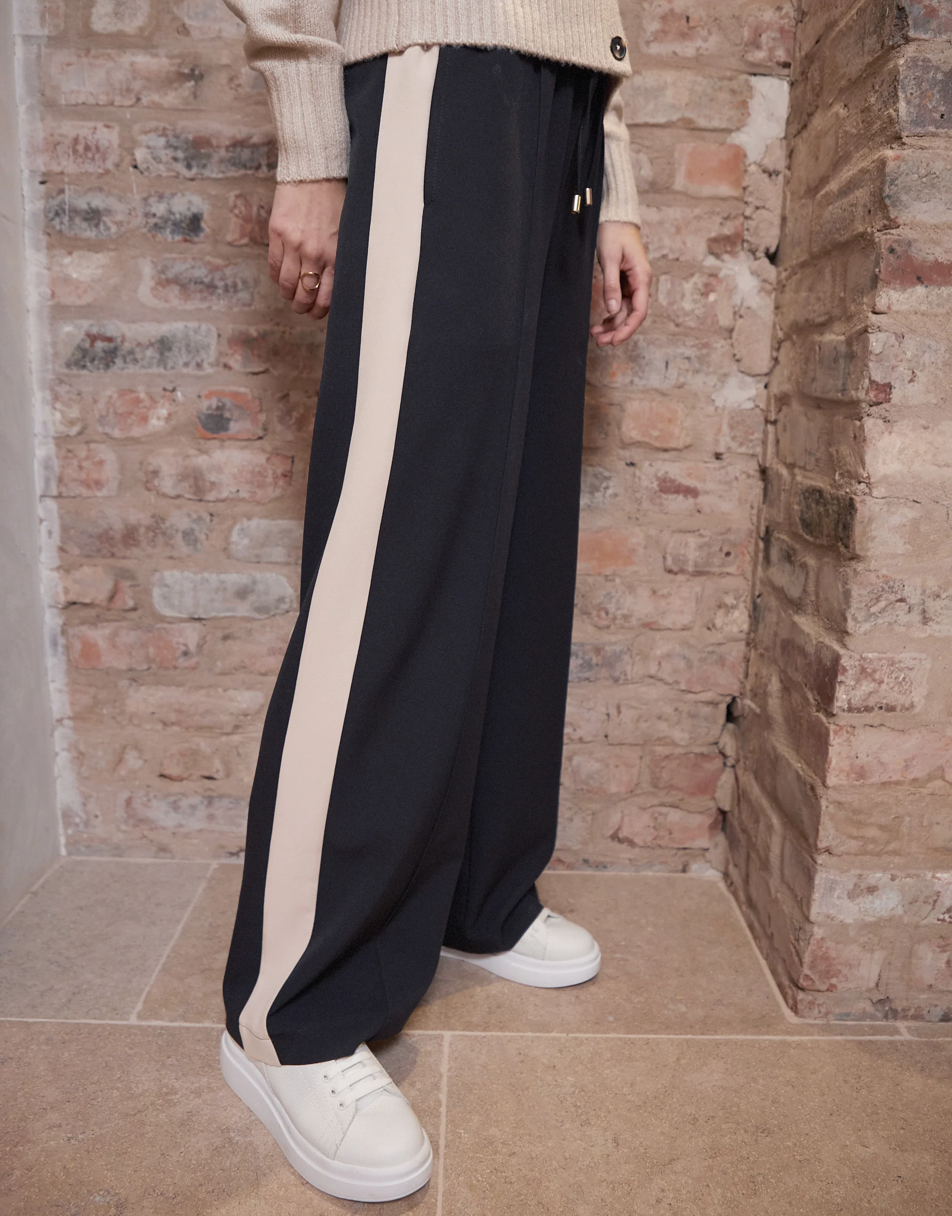 Wide Leg Side Pull On Trousers in Black Stripe - Image 5