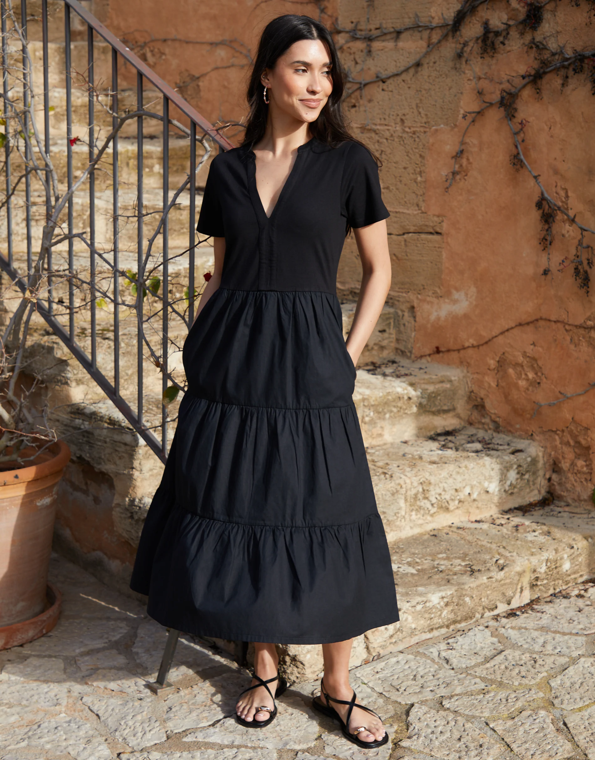 Tiered Jersey Poplin Mix Maxi Dress in Black