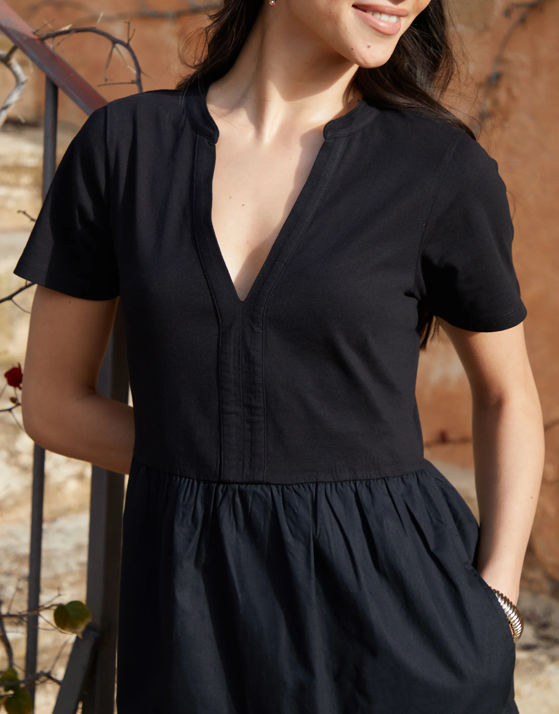 Tiered Jersey Poplin Mix Maxi Dress in Black - Image 3