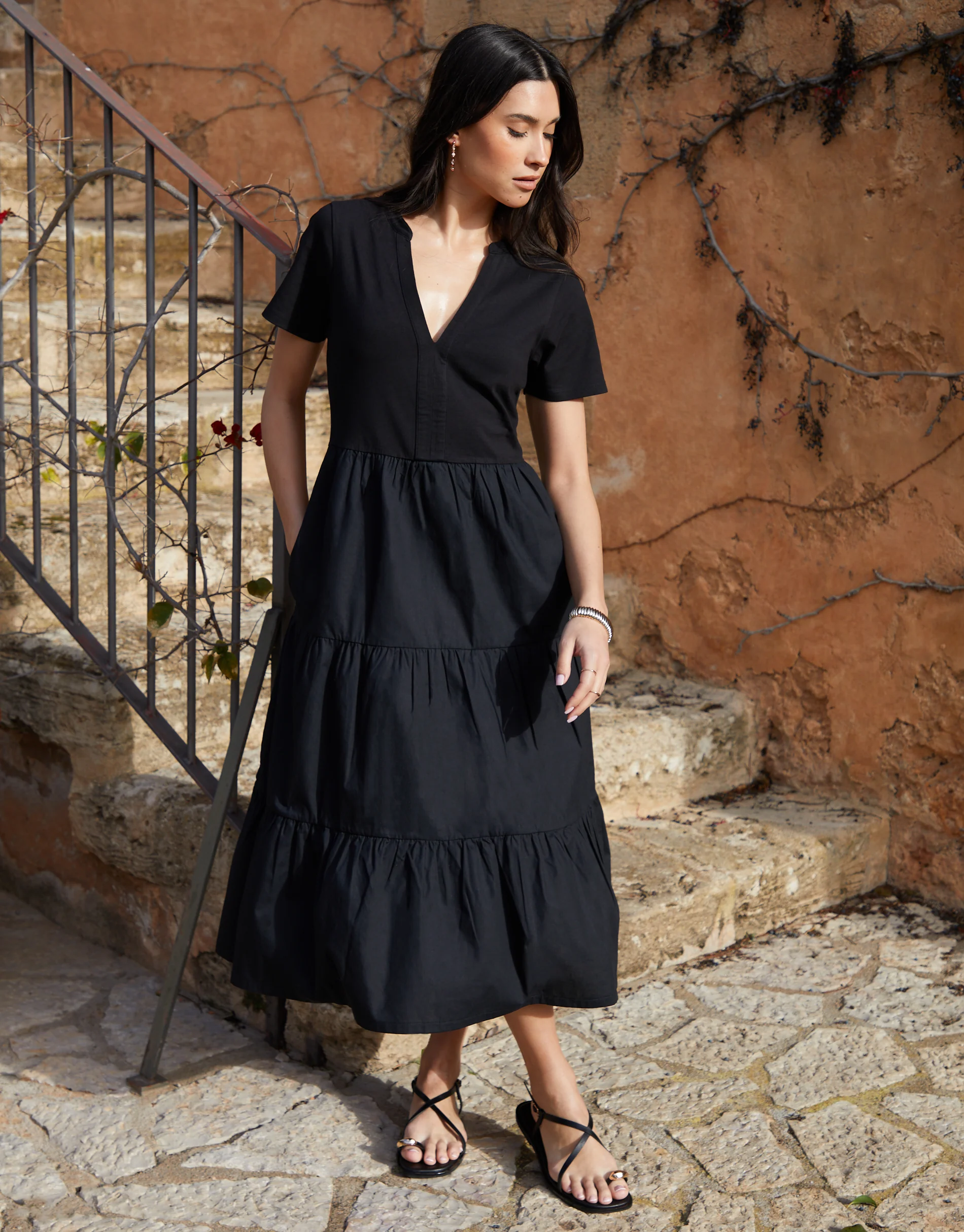 Tiered Jersey Poplin Mix Maxi Dress in Black - Image 4