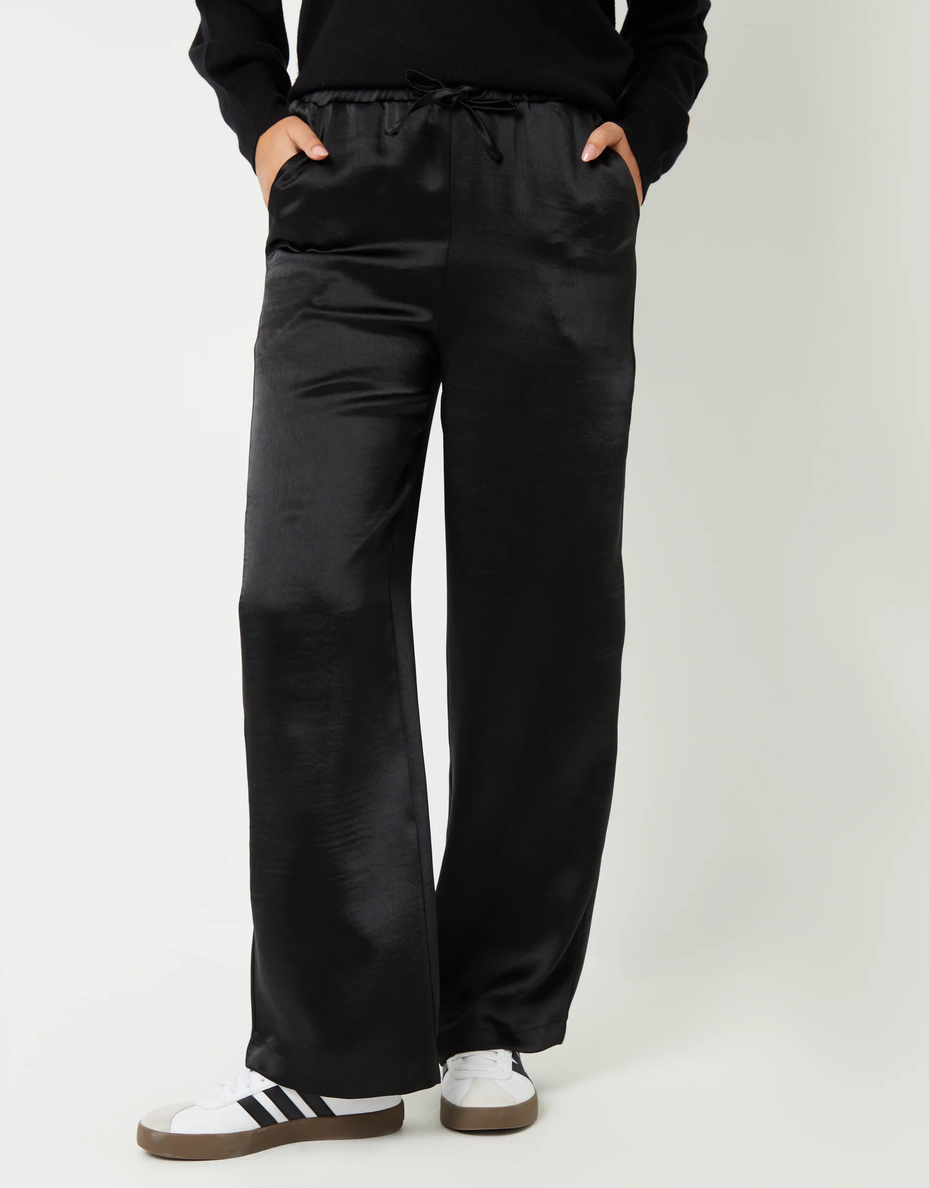 Wide Leg Satin Trousers in Black - Image 2