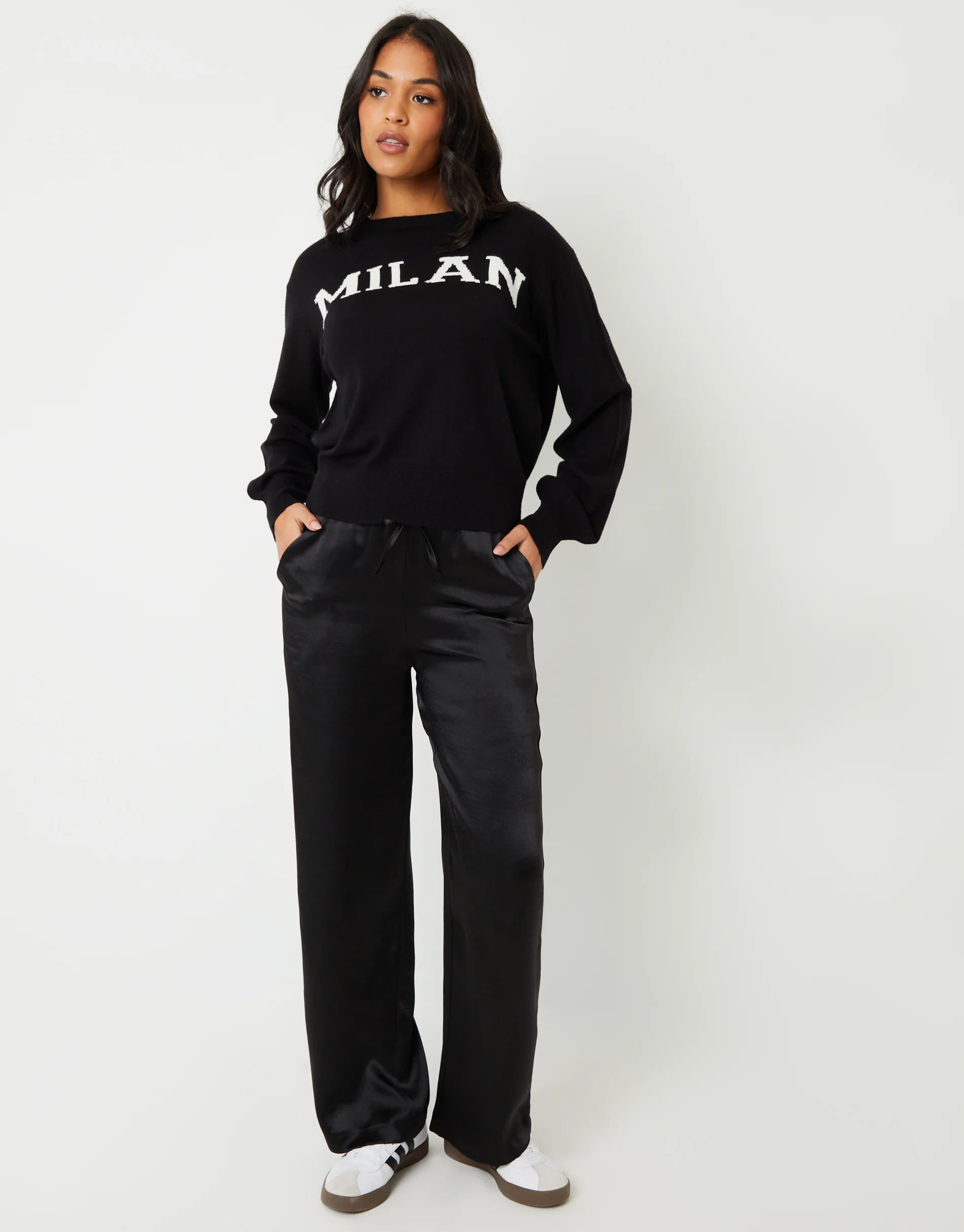 Wide Leg Satin Trousers in Black - Image 5