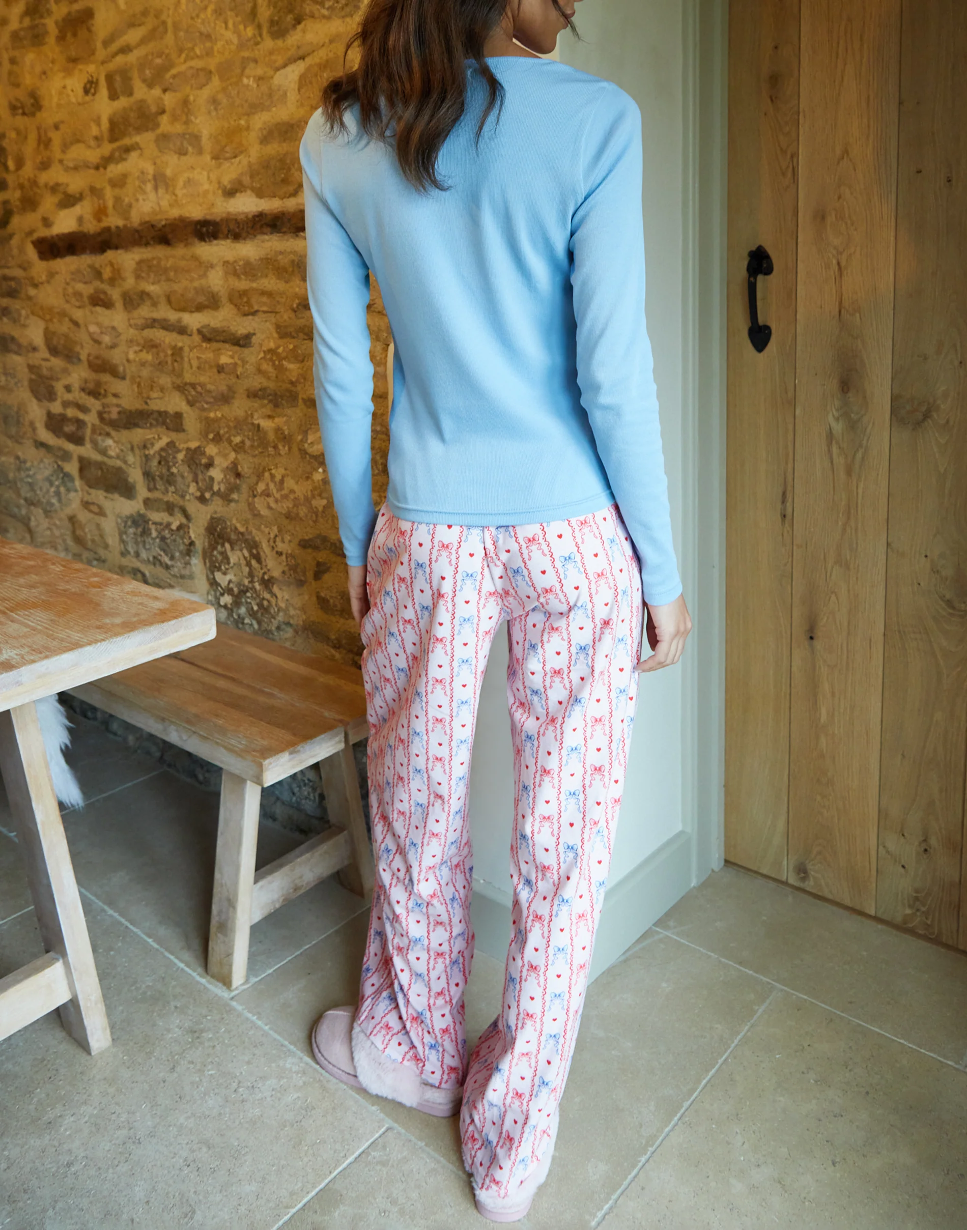 Lace V-Neck Printed Pyjama Set in Blue - Image 3