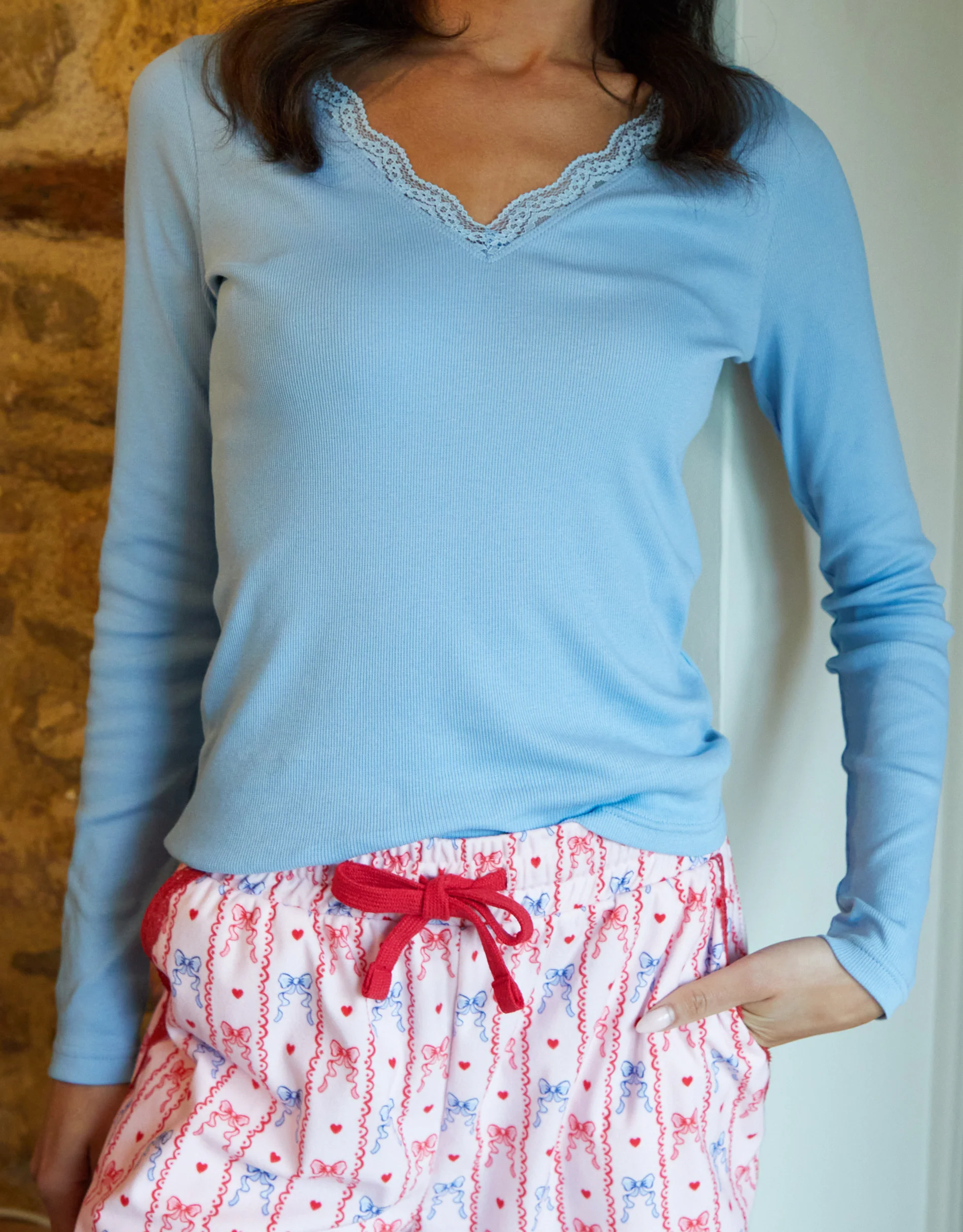 Lace V-Neck Printed Pyjama Set in Blue - Image 4