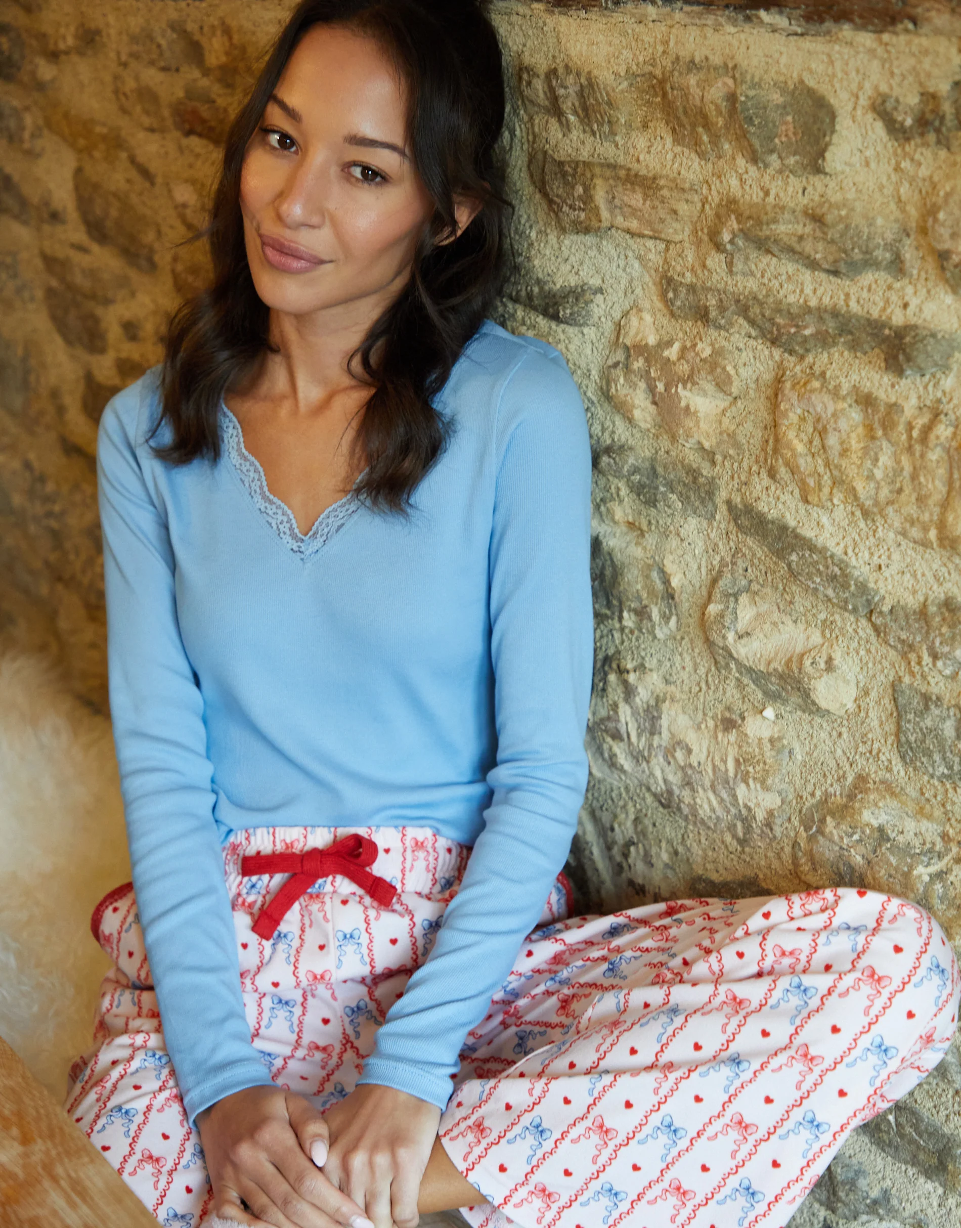 Lace V-Neck Printed Pyjama Set in Blue - Image 5