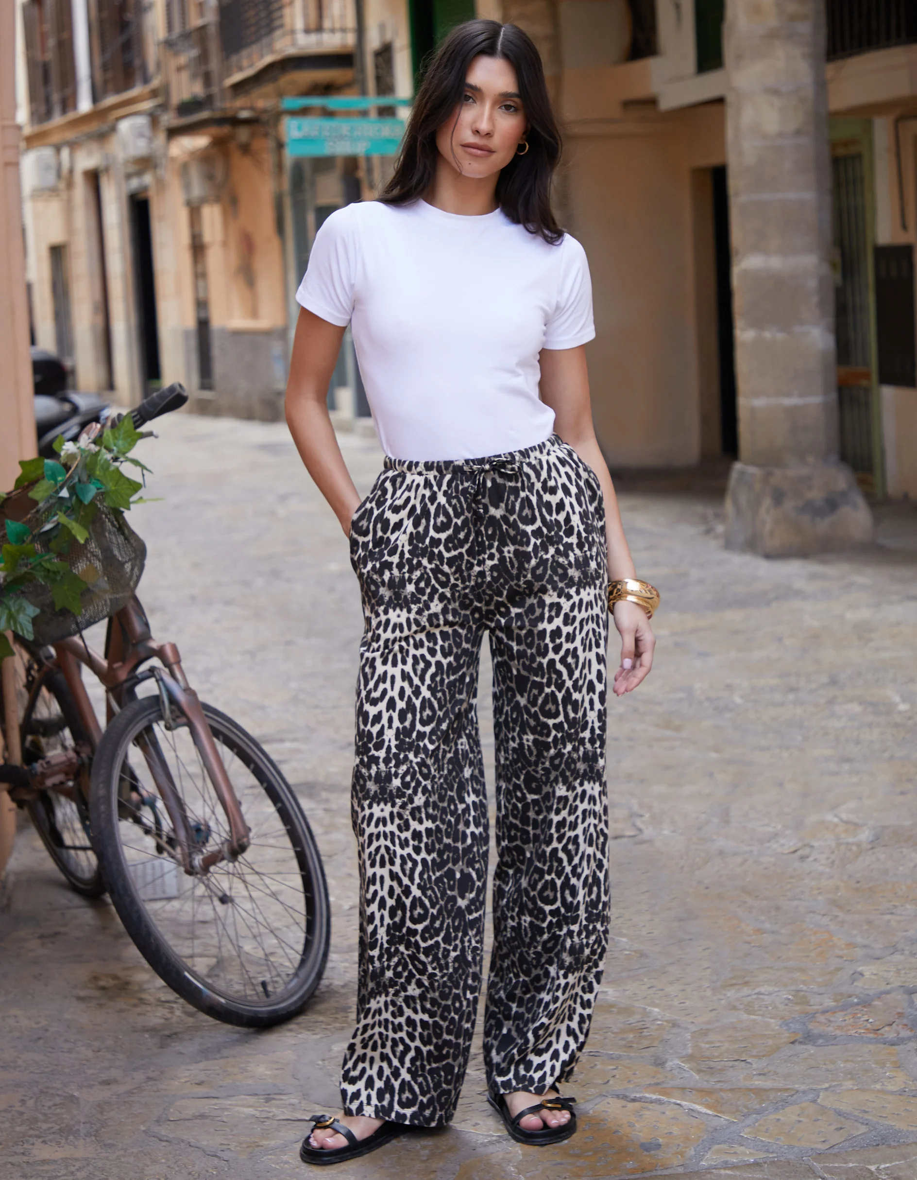 Wide Leg Brown Jersey Trousers in Leopard Print