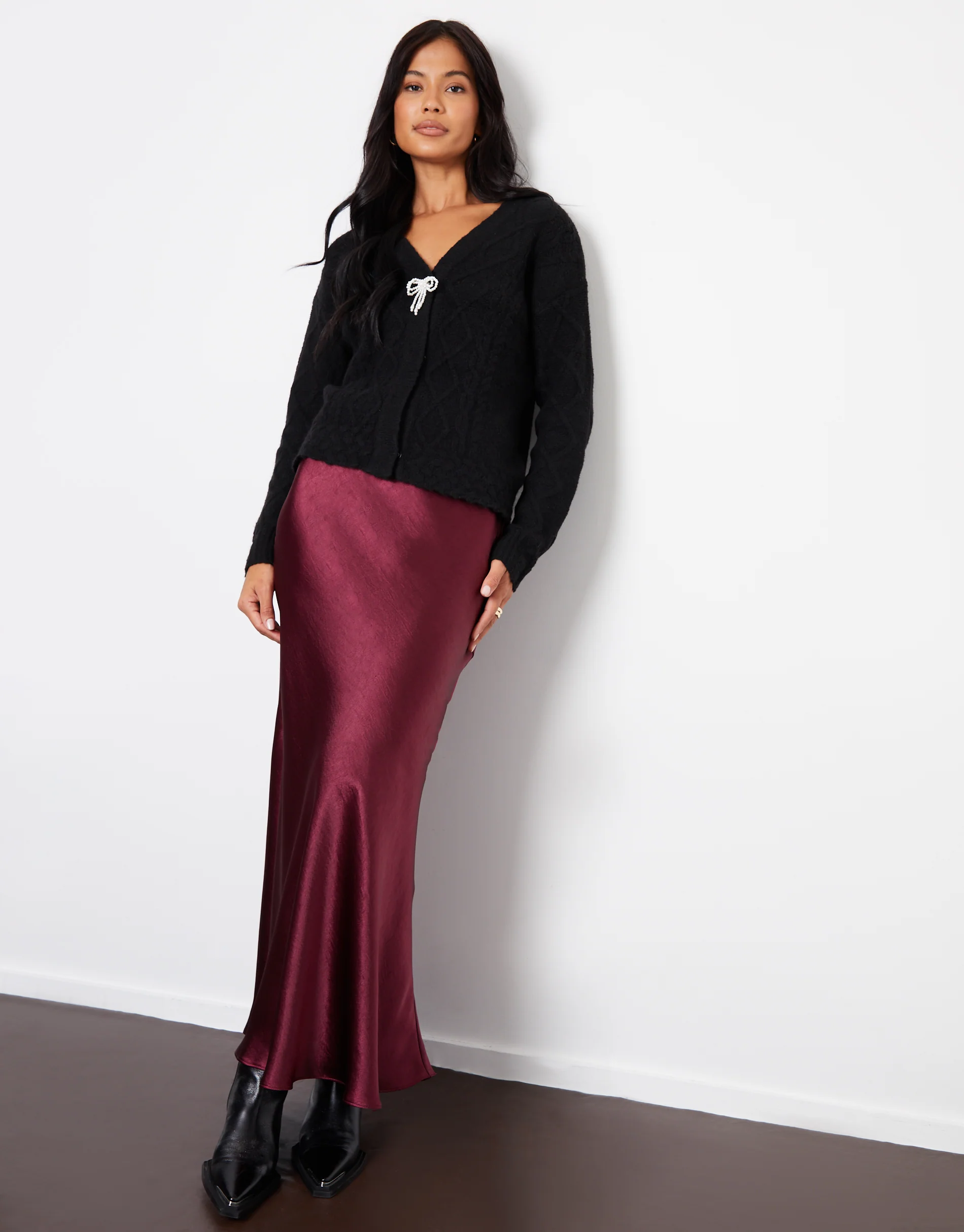 Maxi Satin Slip Skirt in Burgundy