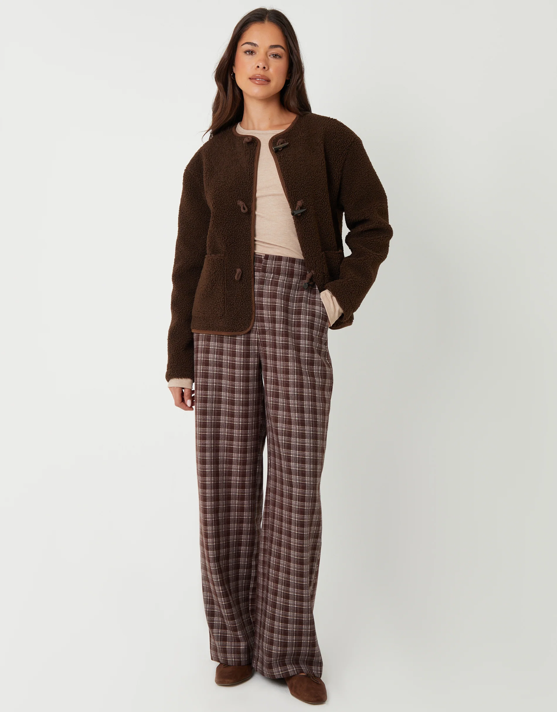 Fleece Borg Toggle Jacket in Chocolate Brown - Image 3