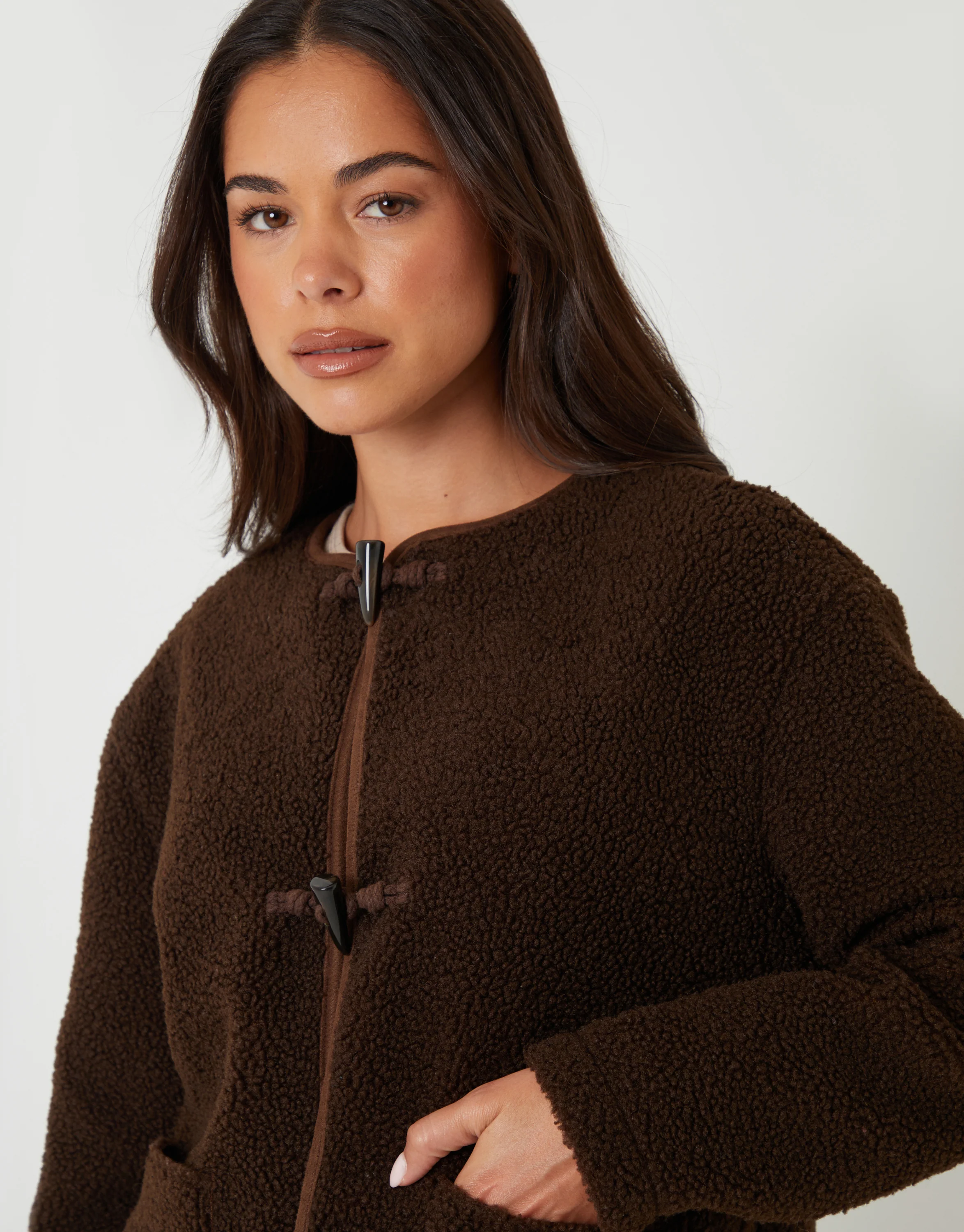 Fleece Borg Toggle Jacket in Chocolate Brown - Image 4