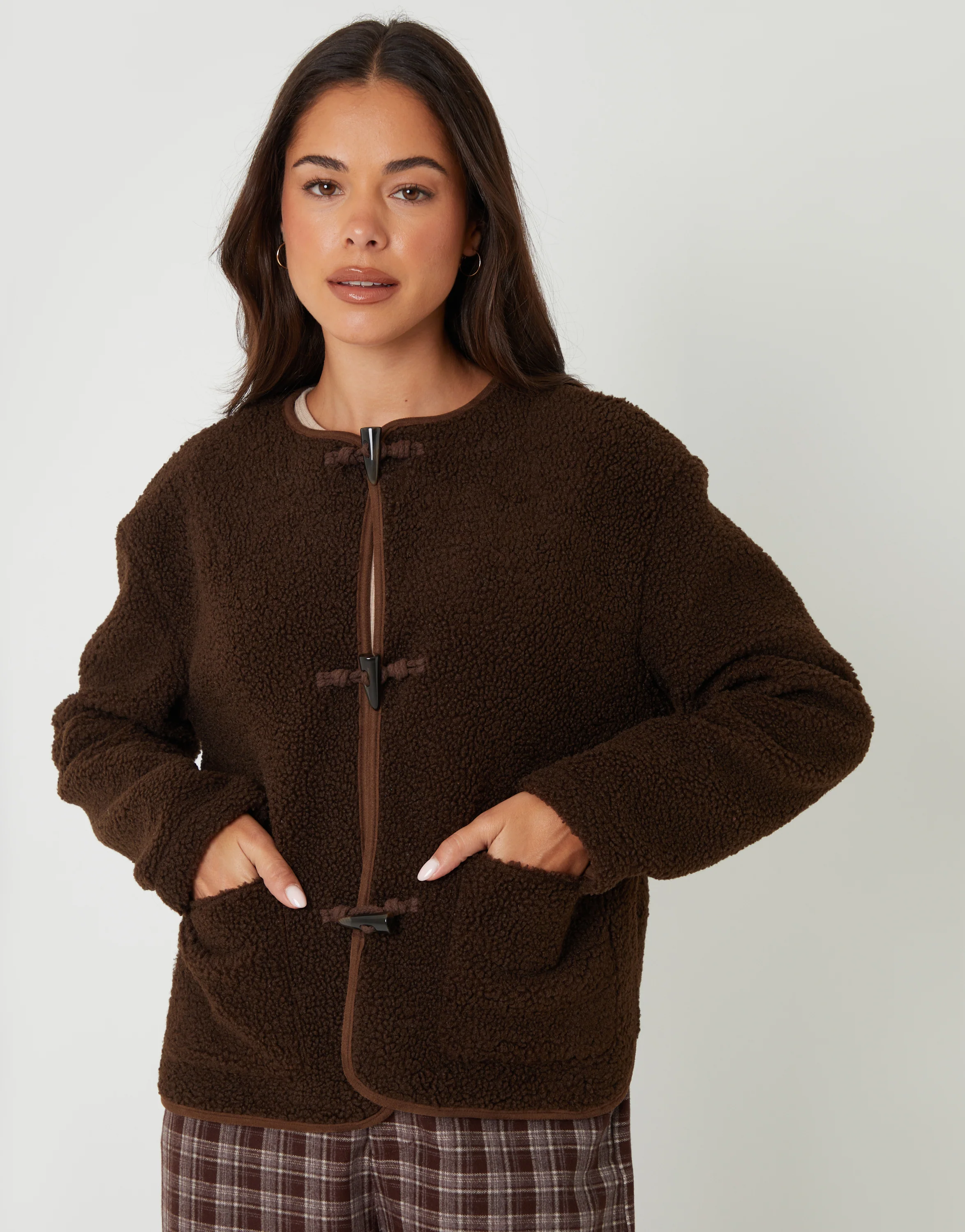 Fleece Borg Toggle Jacket in Chocolate Brown - Image 5