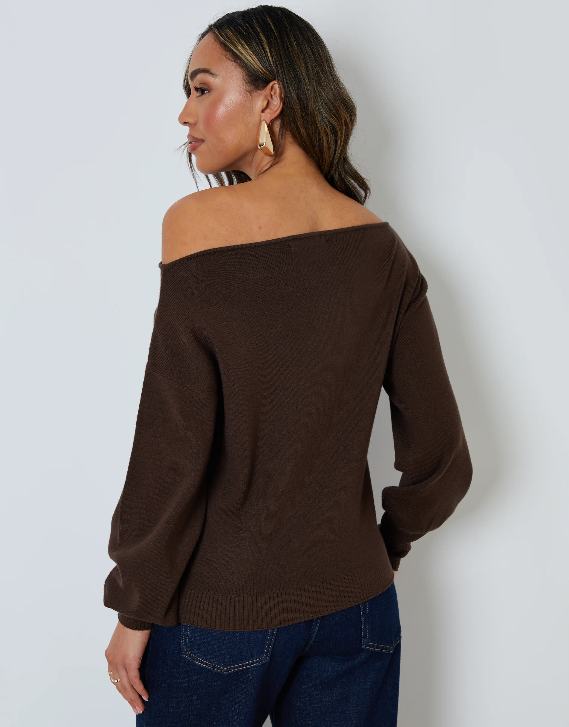 Soft Slash Neck Jumper in Chocolate Brown - Image 2