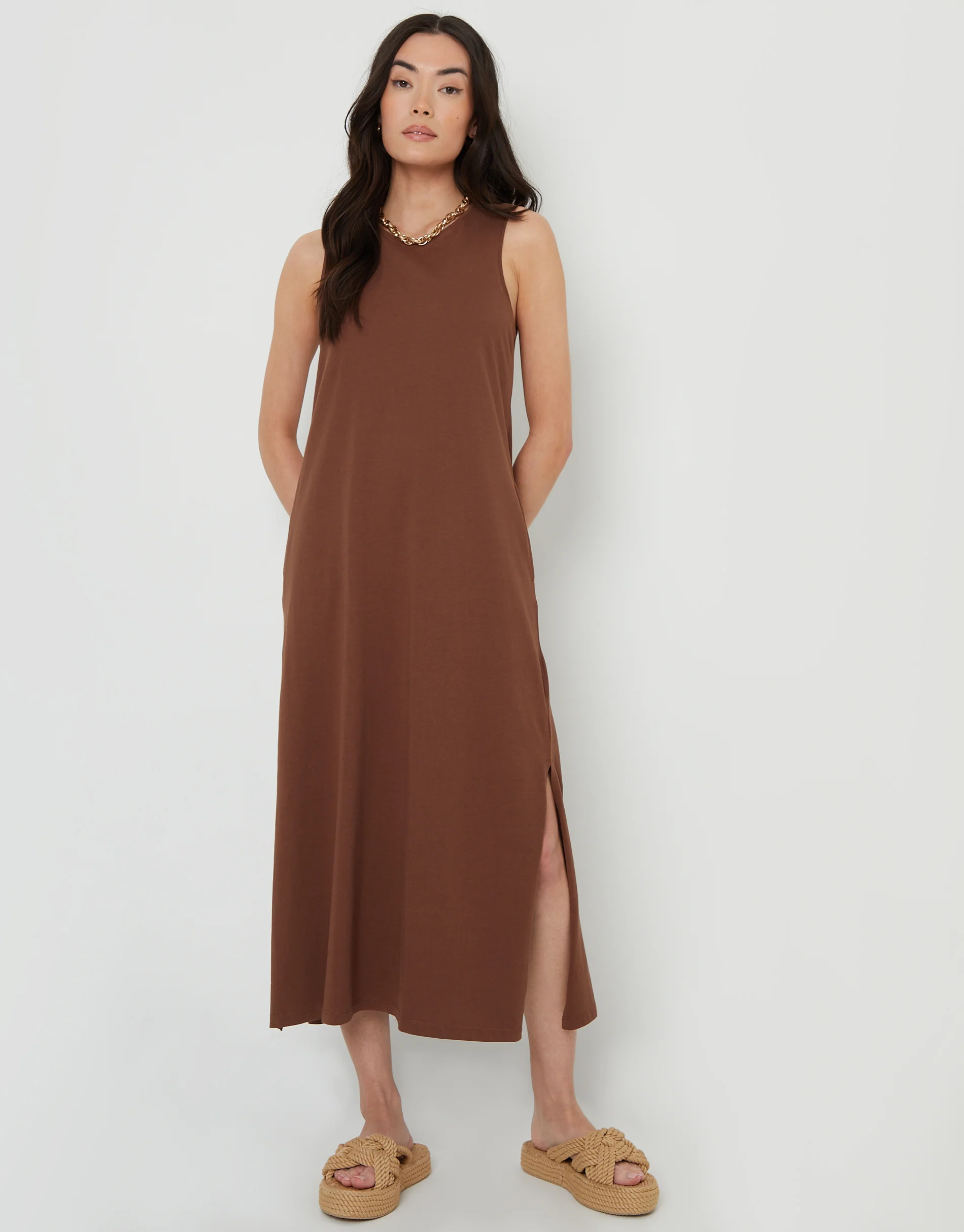 Sleeveless Jersey Midi Dress with Pockets in Chocolate Brown