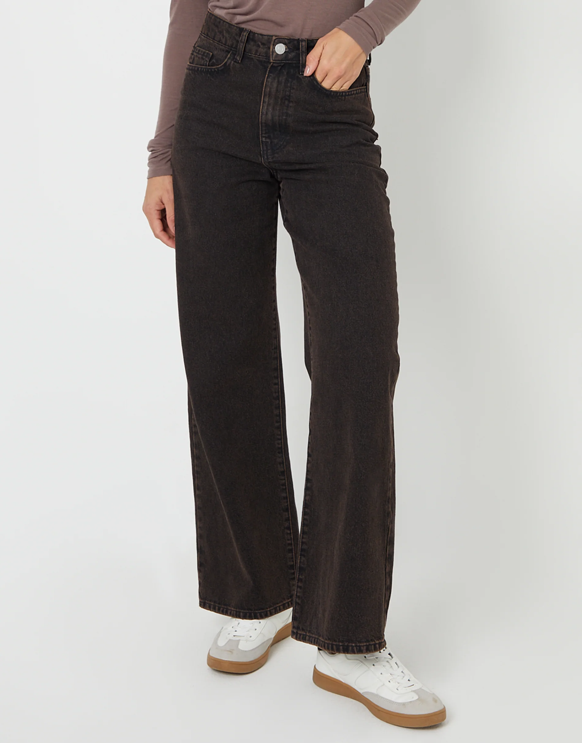 Wide Leg Denim Jeans in Chocolate Brown - Image 3