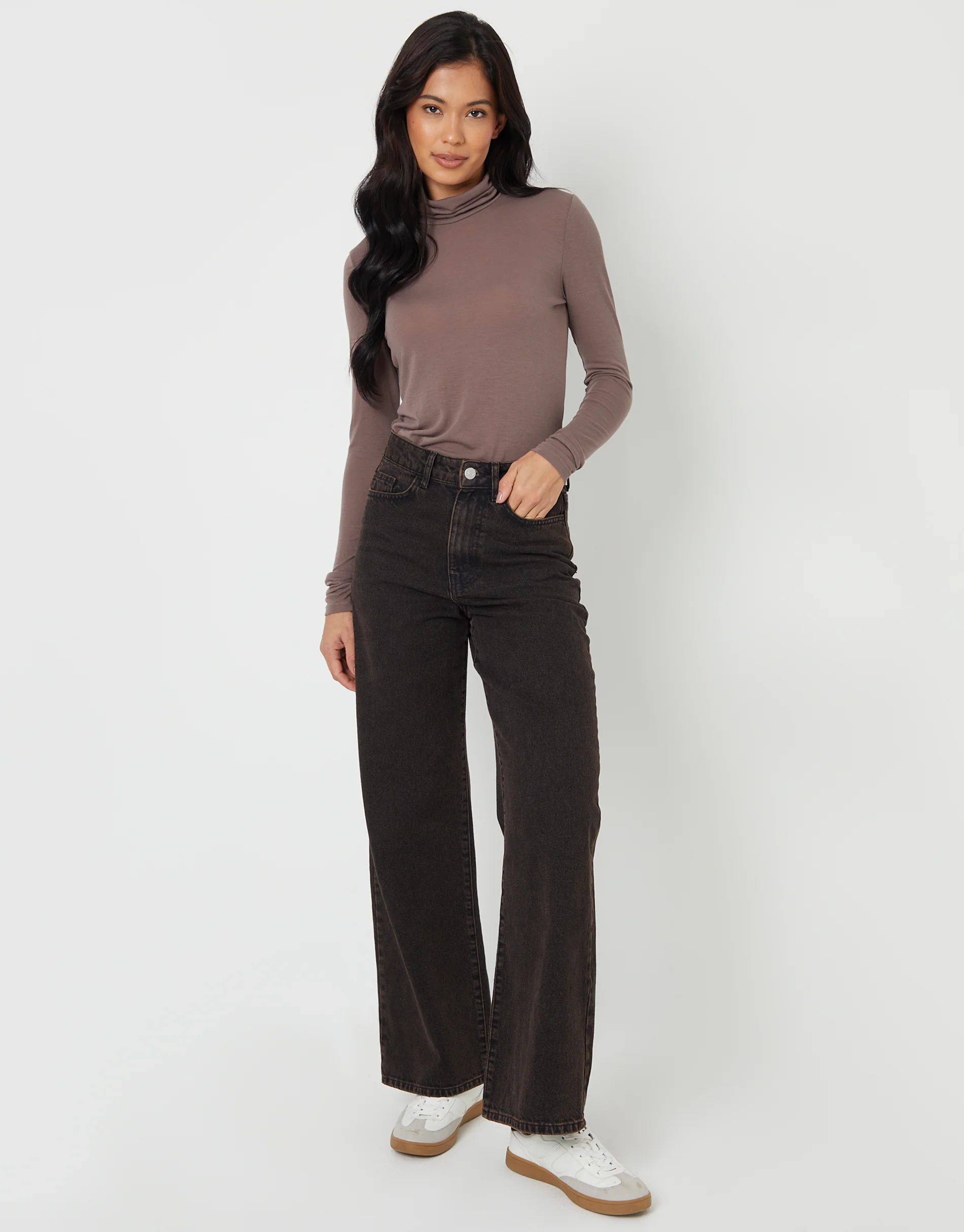 Wide Leg Denim Jeans in Chocolate Brown - Image 4