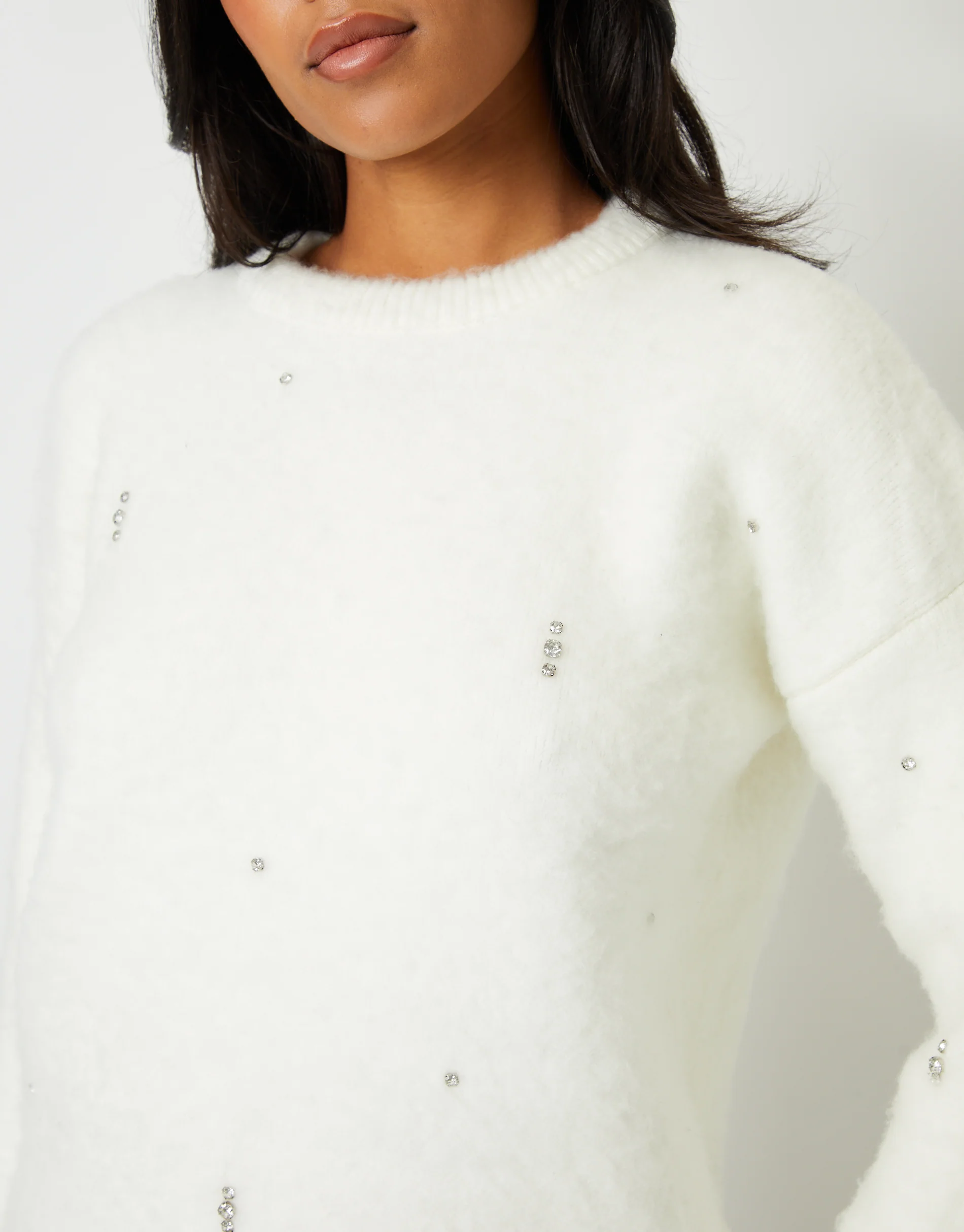 Brushed Knitted Diamante Embellished Jumper in Cream - Image 2