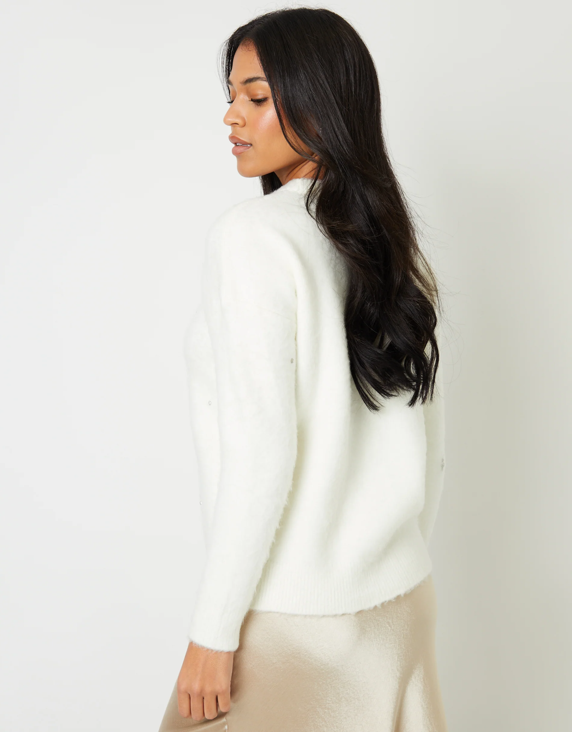 Brushed Knitted Diamante Embellished Jumper in Cream - Image 3
