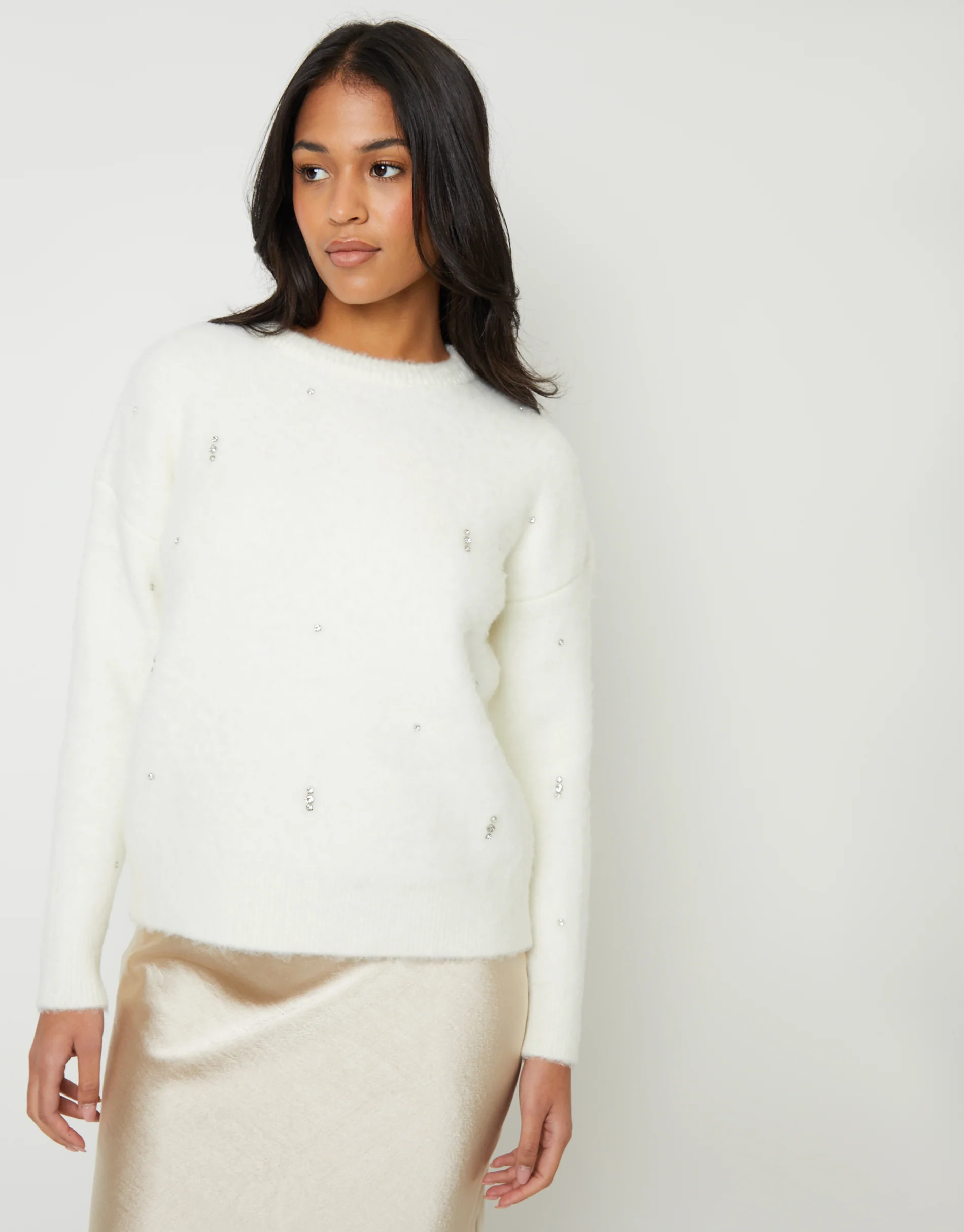 Brushed Knitted Diamante Embellished Jumper in Cream - Image 5
