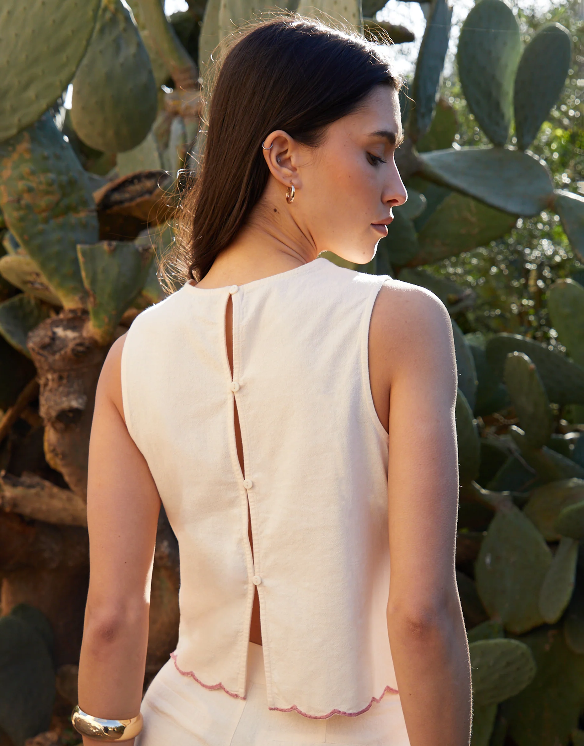 Cornelli Embroidered Button Back Shell Top in Cream - Image 2