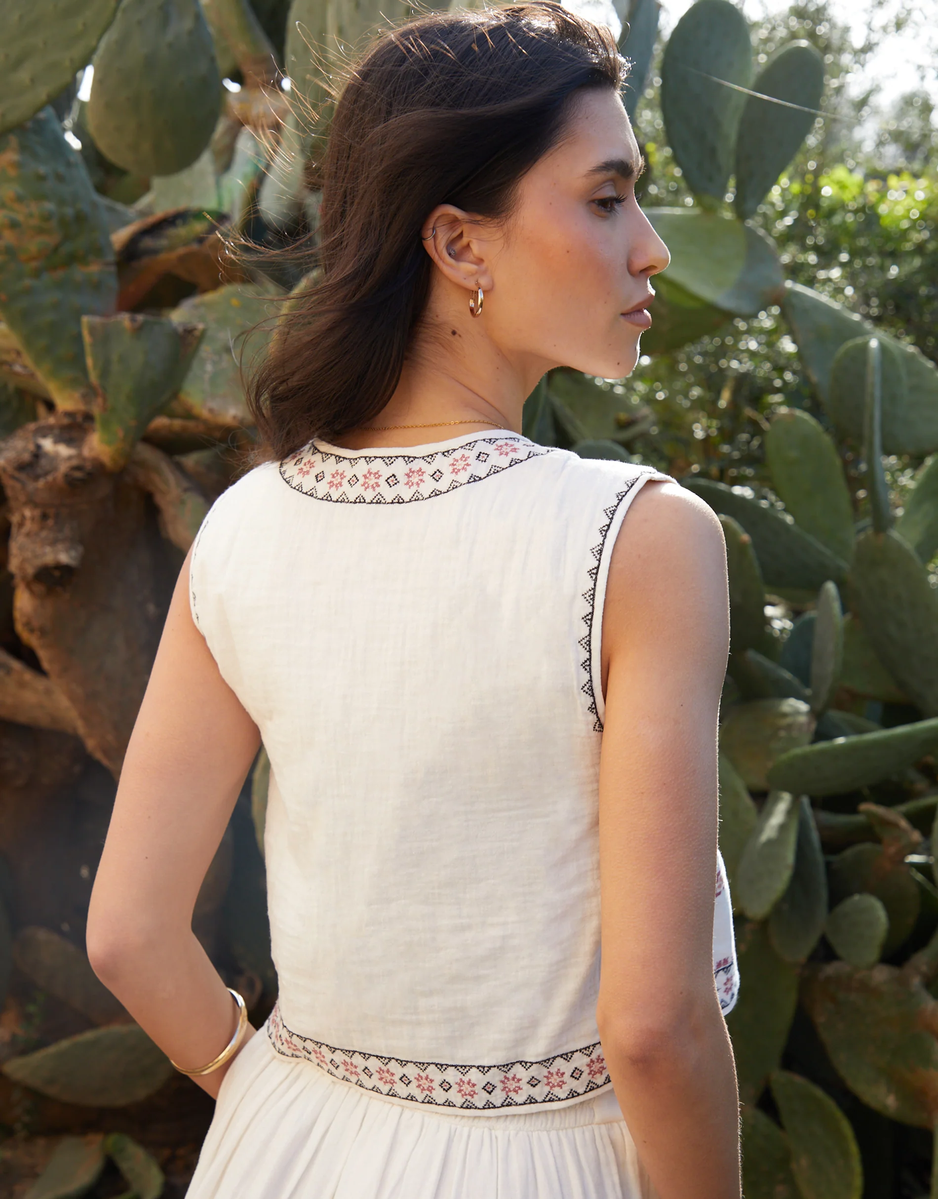 Embroidered Tie Front Waistcoat in Cream - Image 3