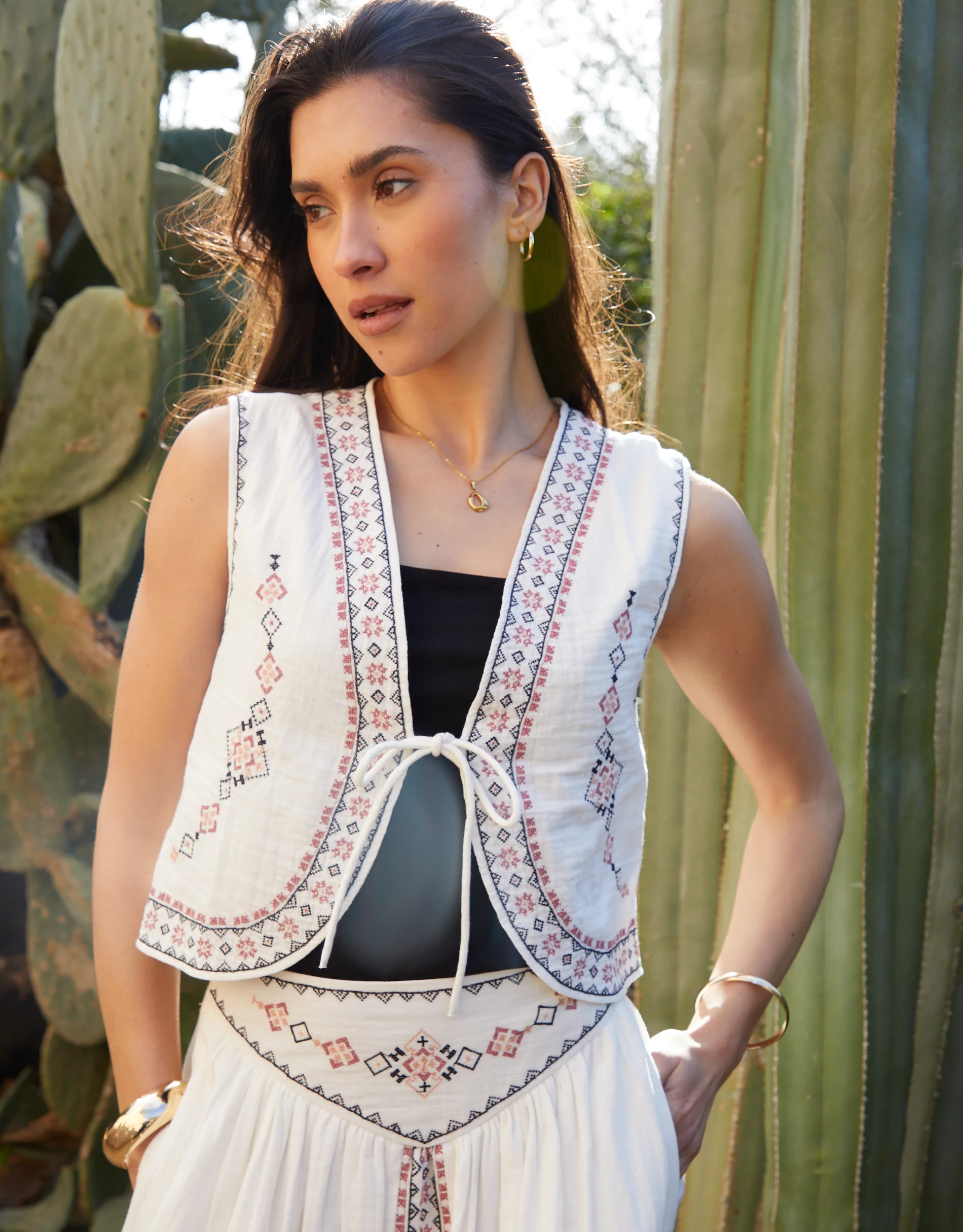 Embroidered Tie Front Waistcoat in Cream - Image 4