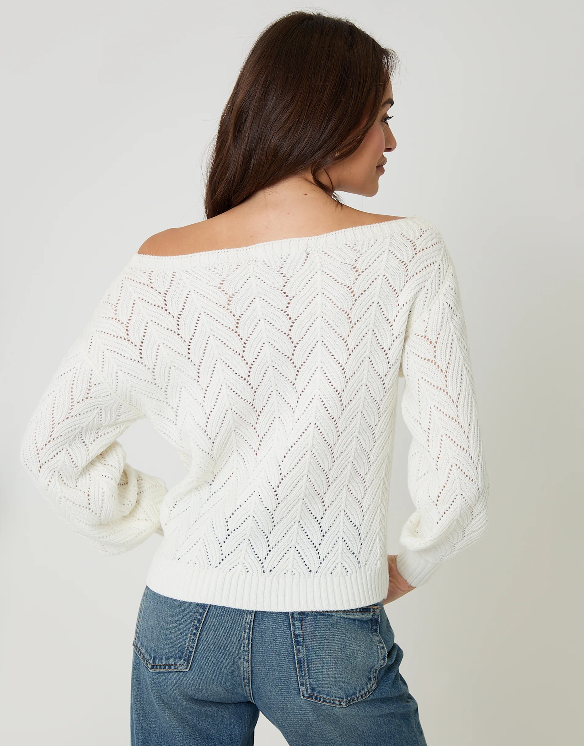 Pointelle Knit Slash Neck Jumper in Cream - Image 3