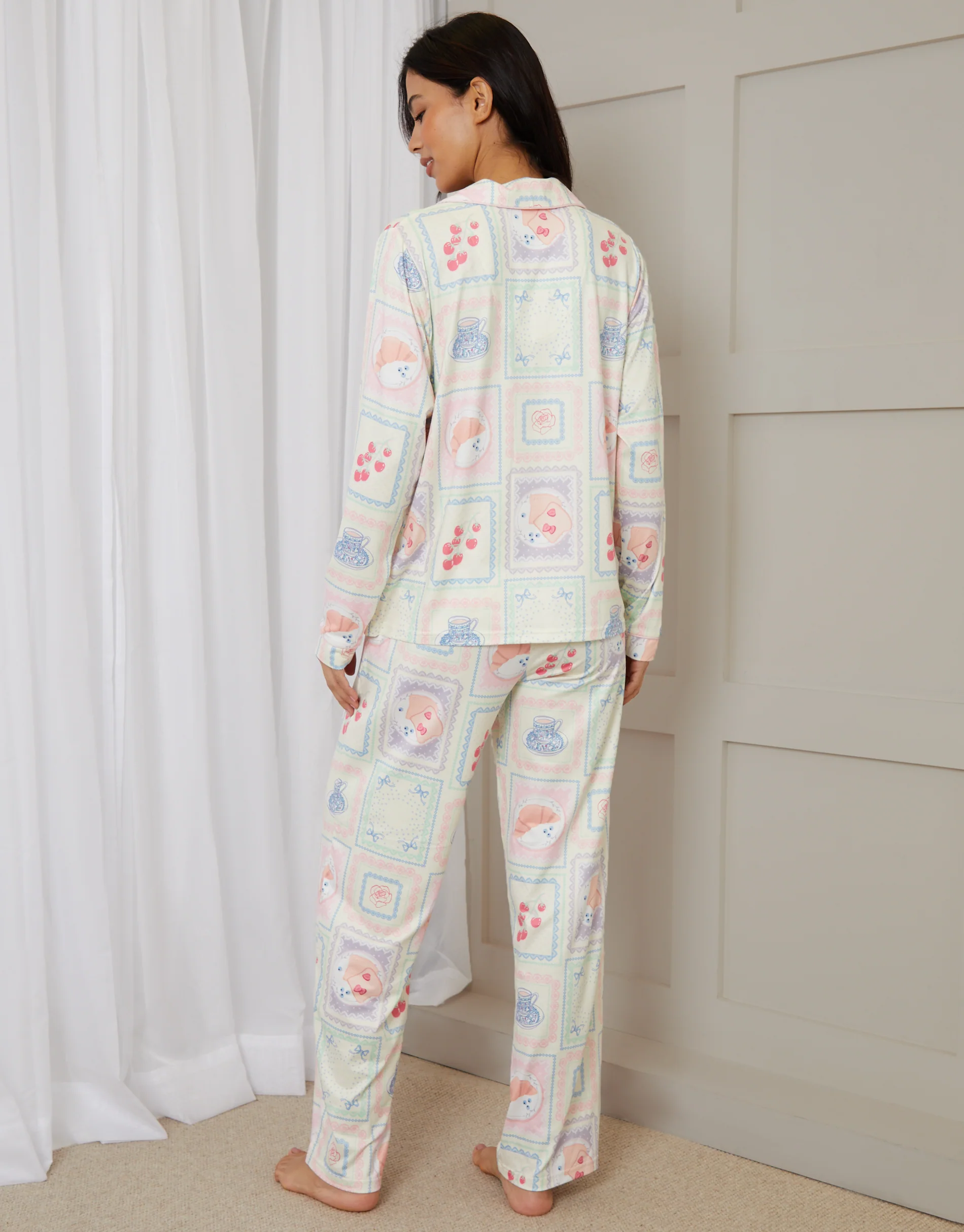 Printed Long Button-Through Pyjama Set in Cream - Image 3