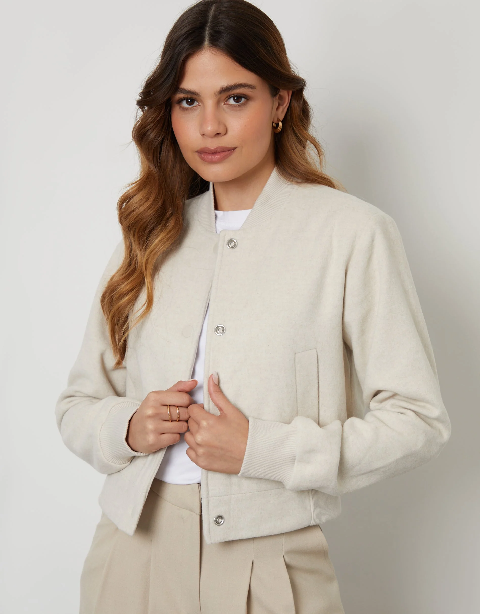 Brushed Cropped Bomber Jacket in Ecru