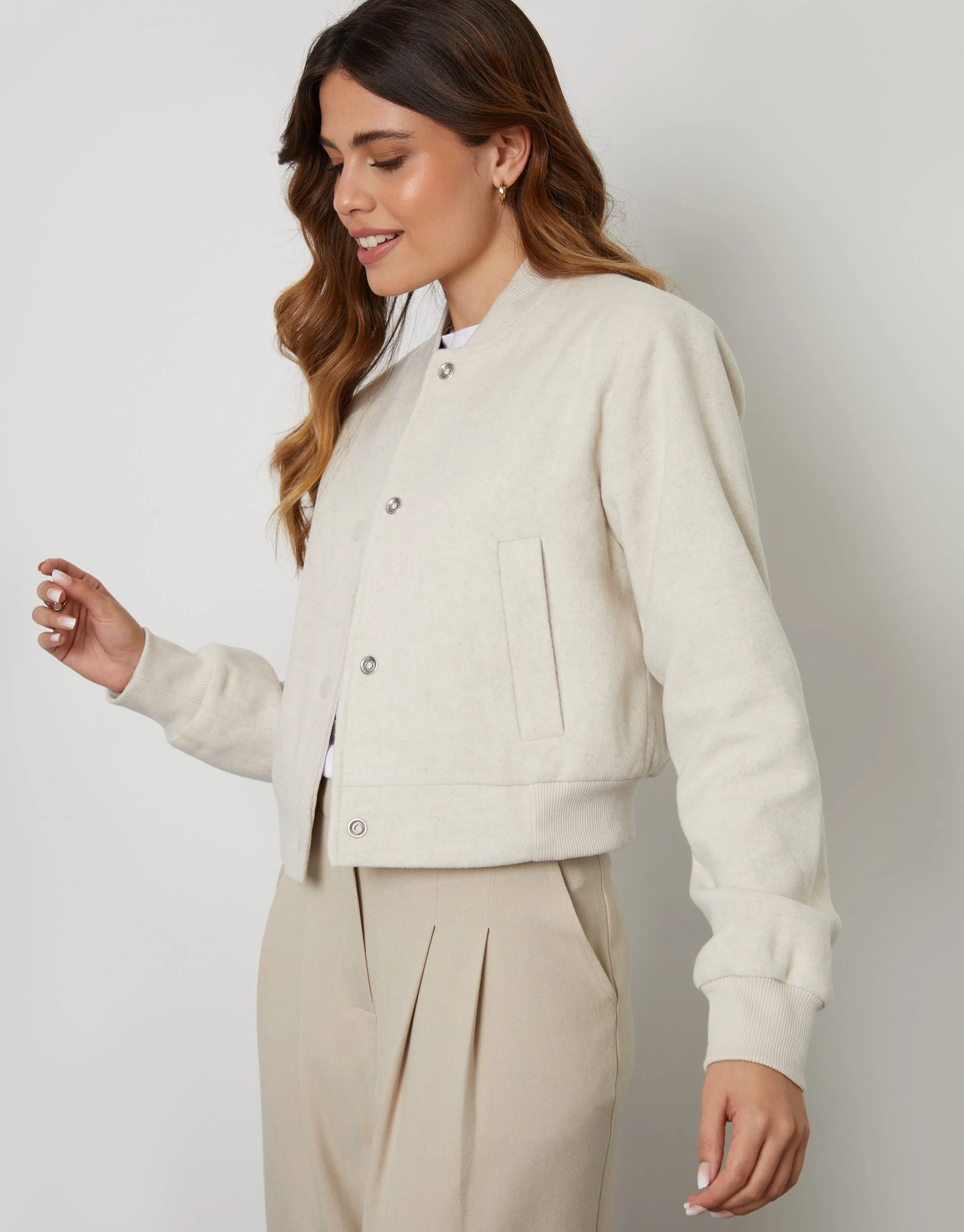 Brushed Cropped Bomber Jacket in Ecru - Image 4