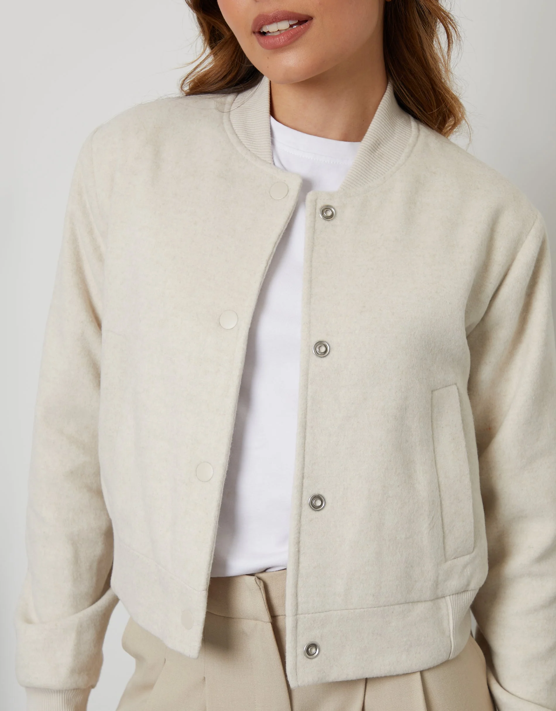 Brushed Cropped Bomber Jacket in Ecru - Image 5