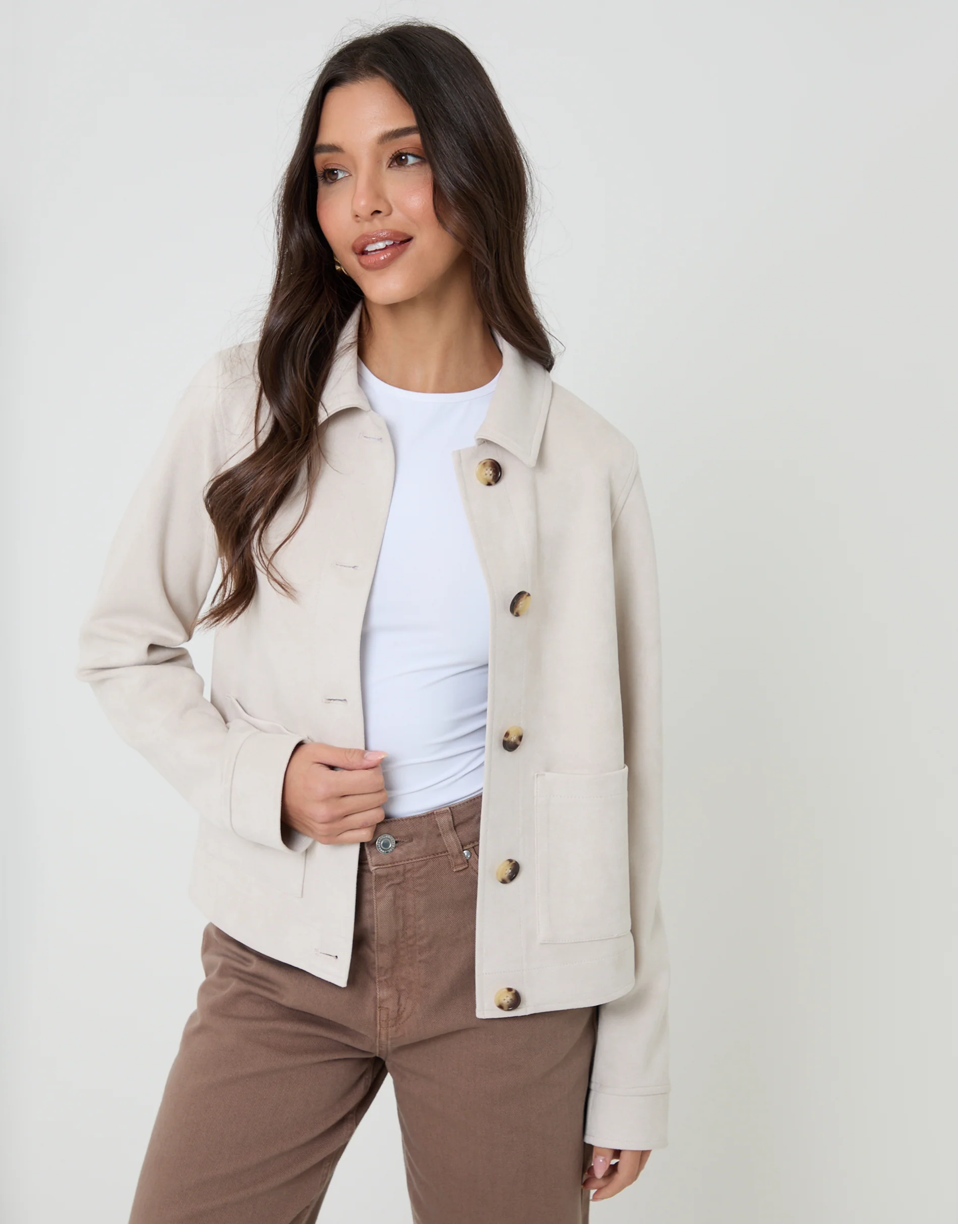 Cropped Button Up Suedette Shacket in Ecru - Image 5