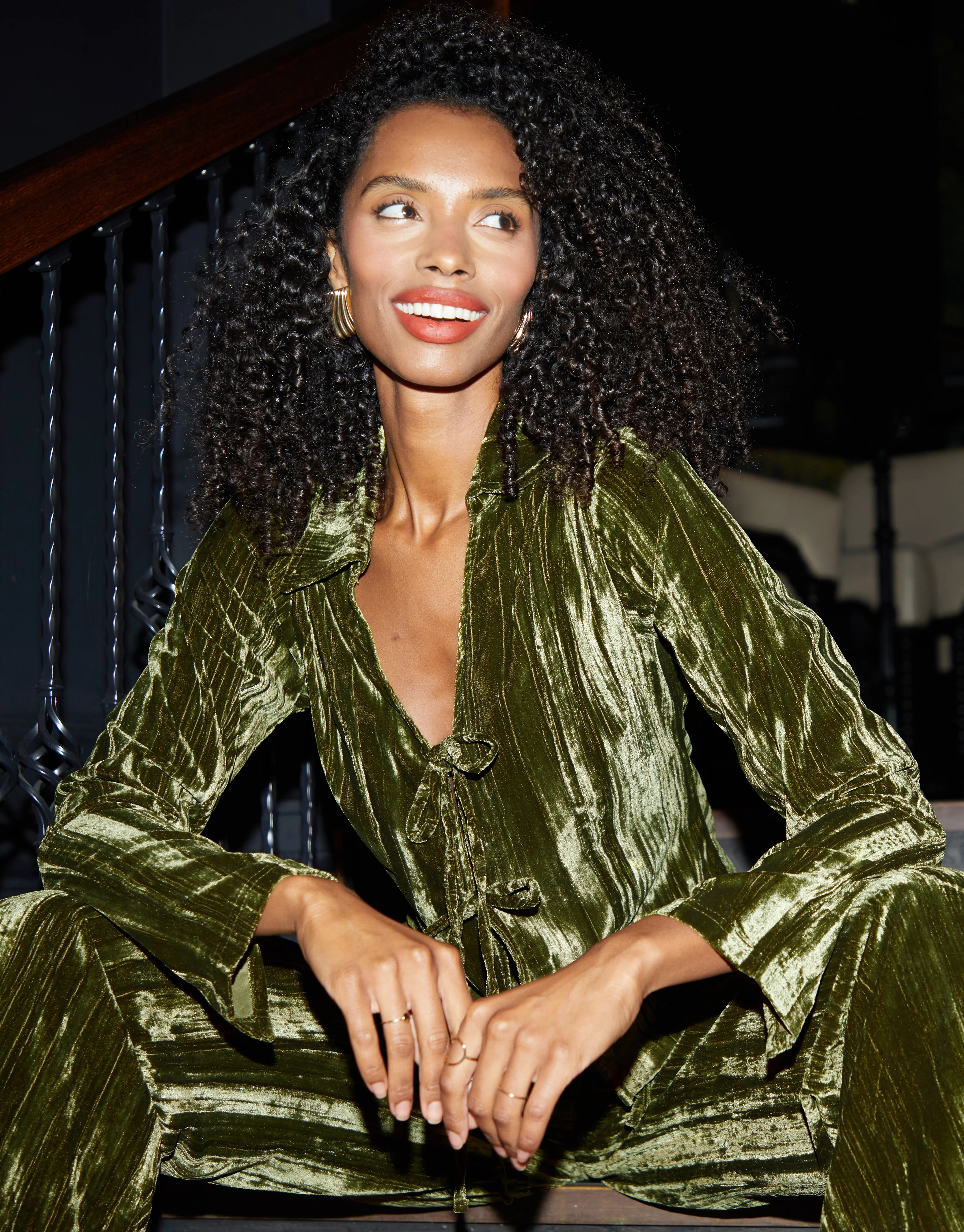 Crinkle Velvet Tie Front Shirt in Green