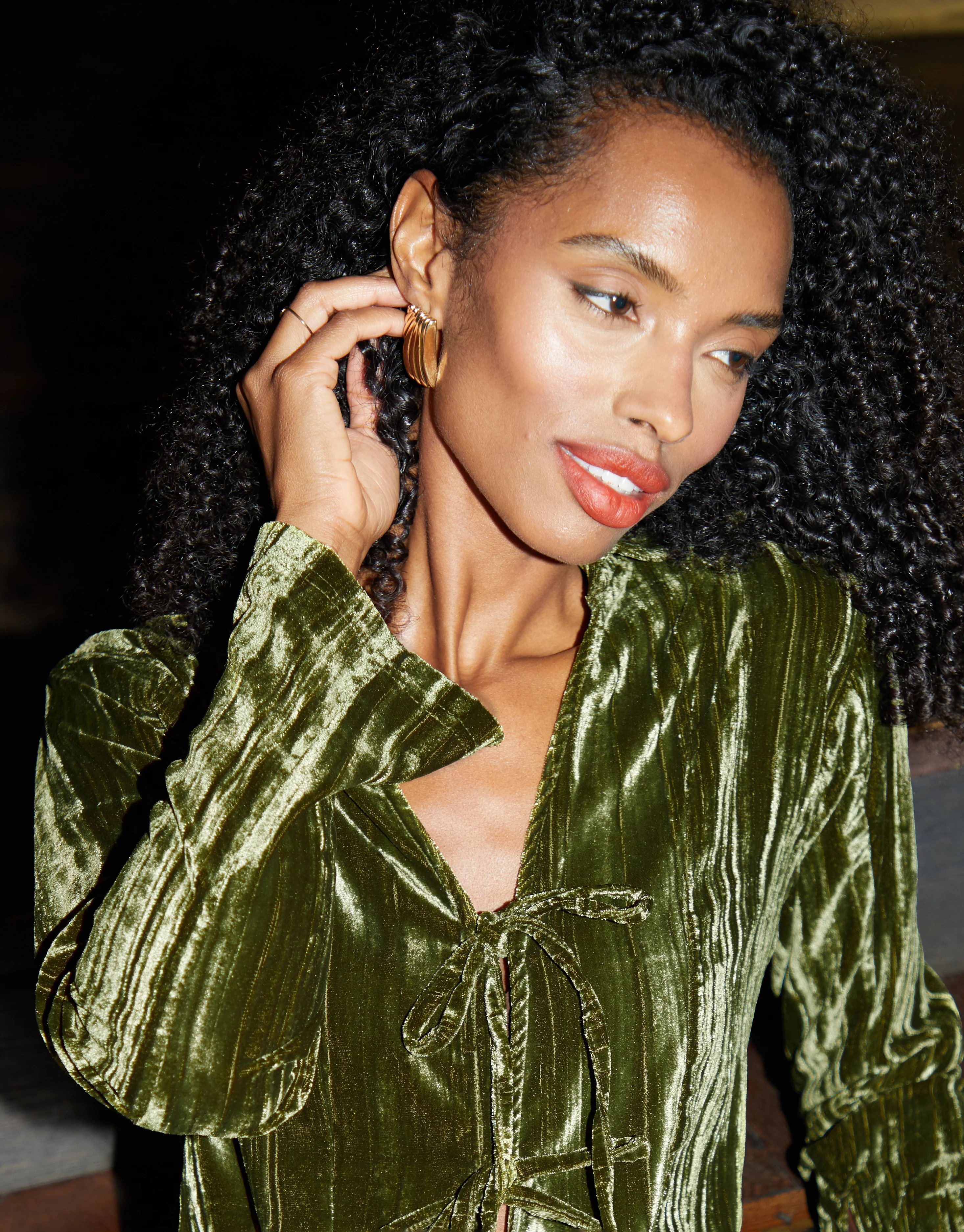 Crinkle Velvet Tie Front Shirt in Green - Image 3