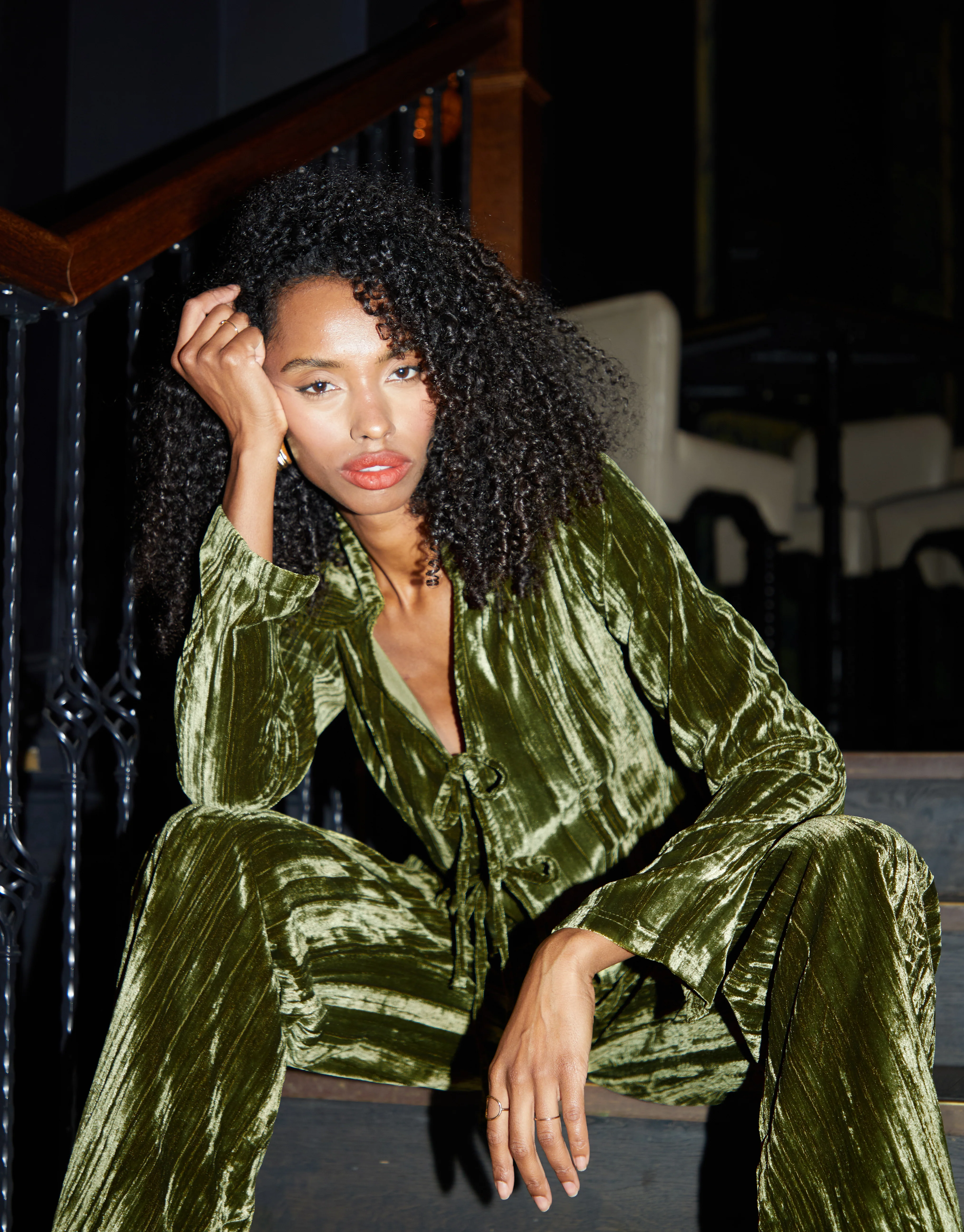Crinkle Velvet Tie Front Shirt in Green - Image 4