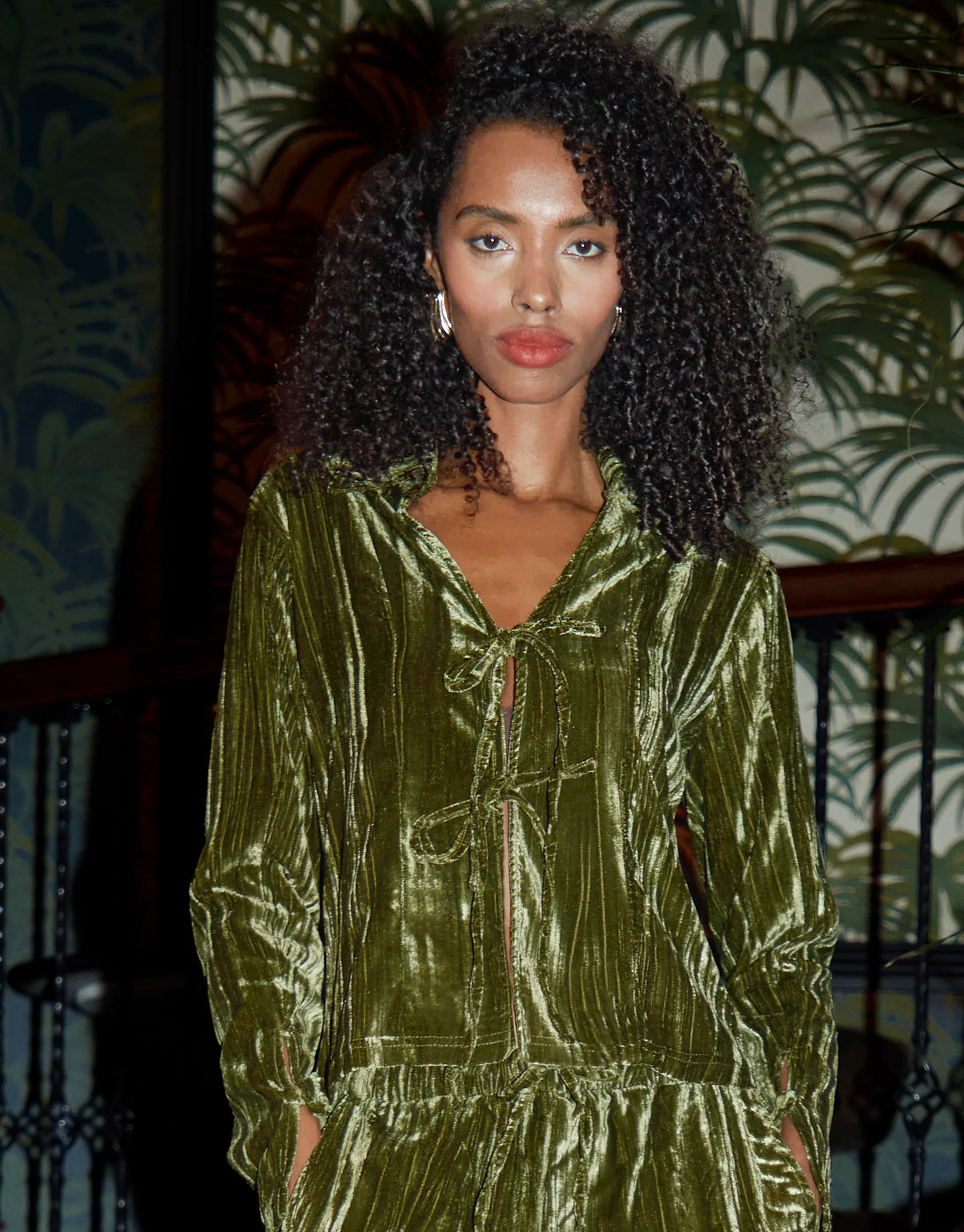 Crinkle Velvet Tie Front Shirt in Green - Image 5
