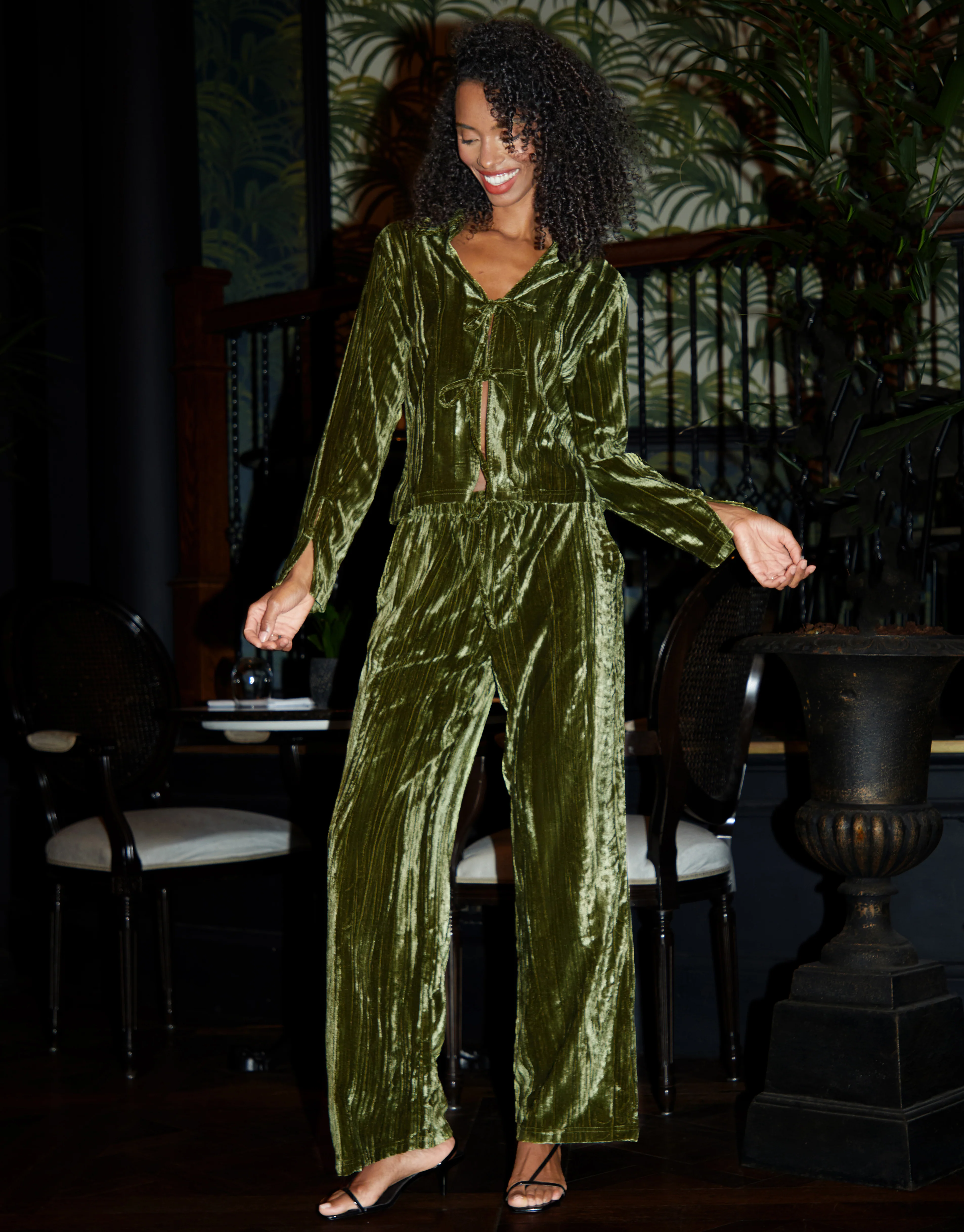 Wide Leg Crinkle Velvet Trousers in Green - Image 4