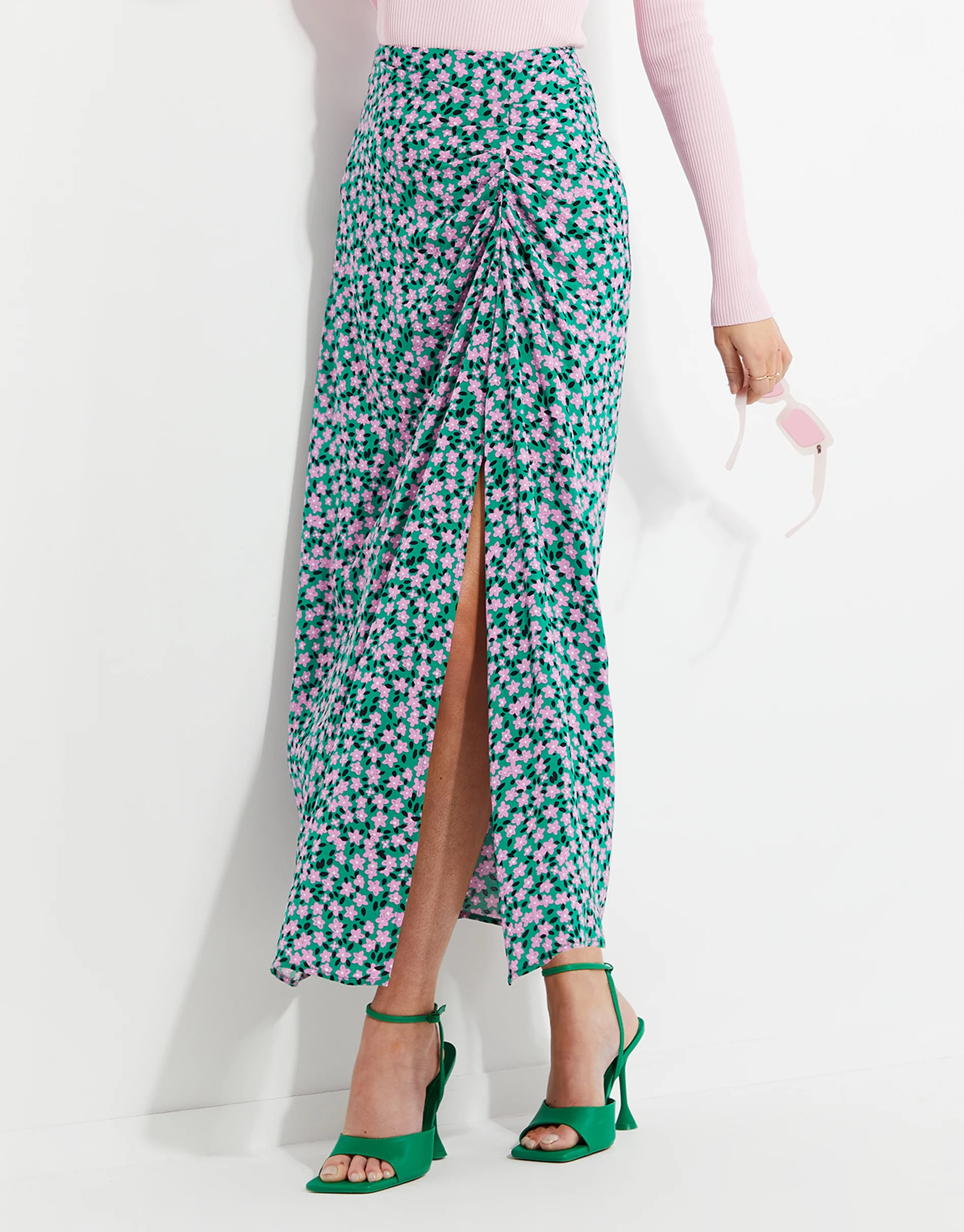 Floral Print Midi Skirt in Green