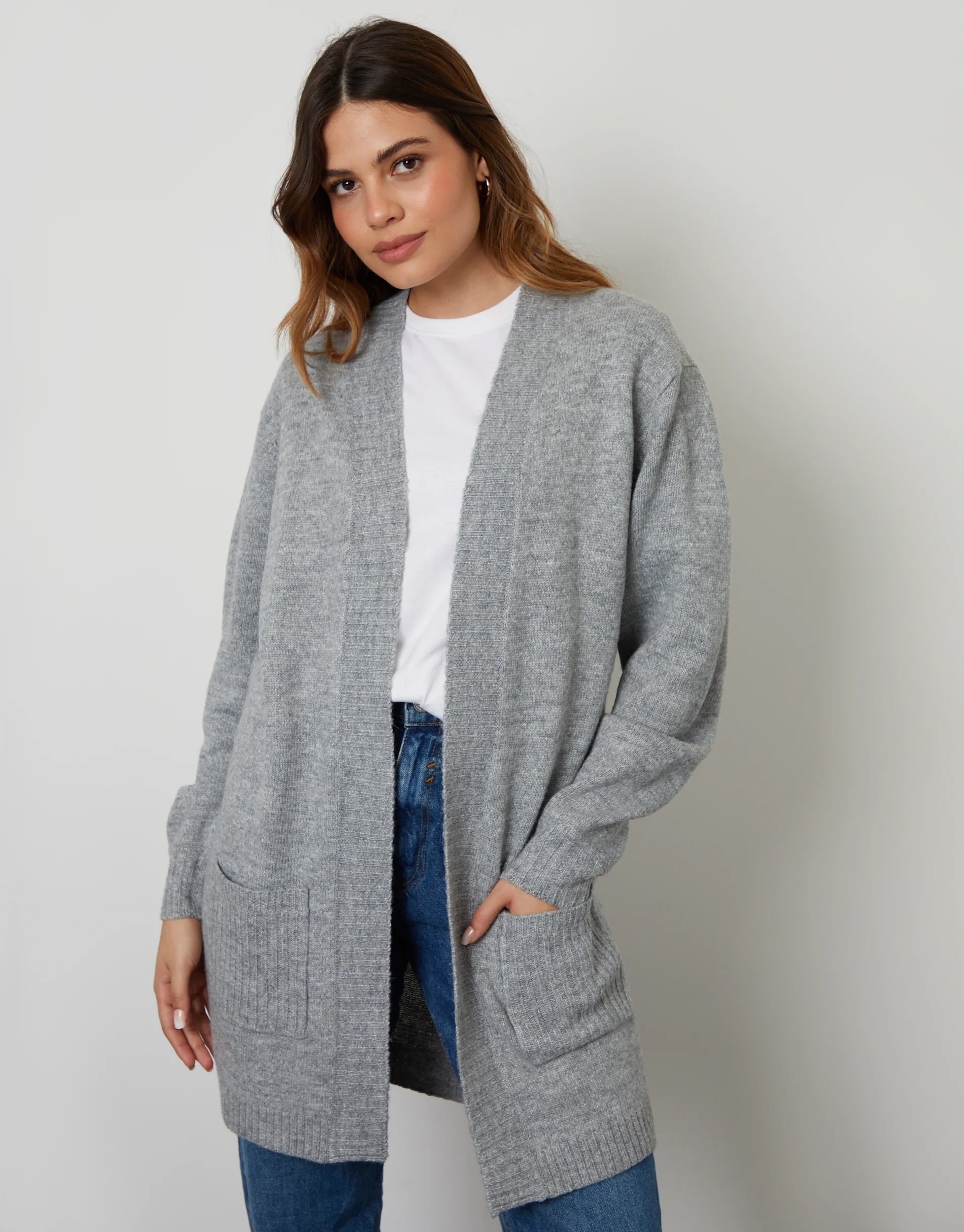Longline Knitted Open Cardigan in Grey