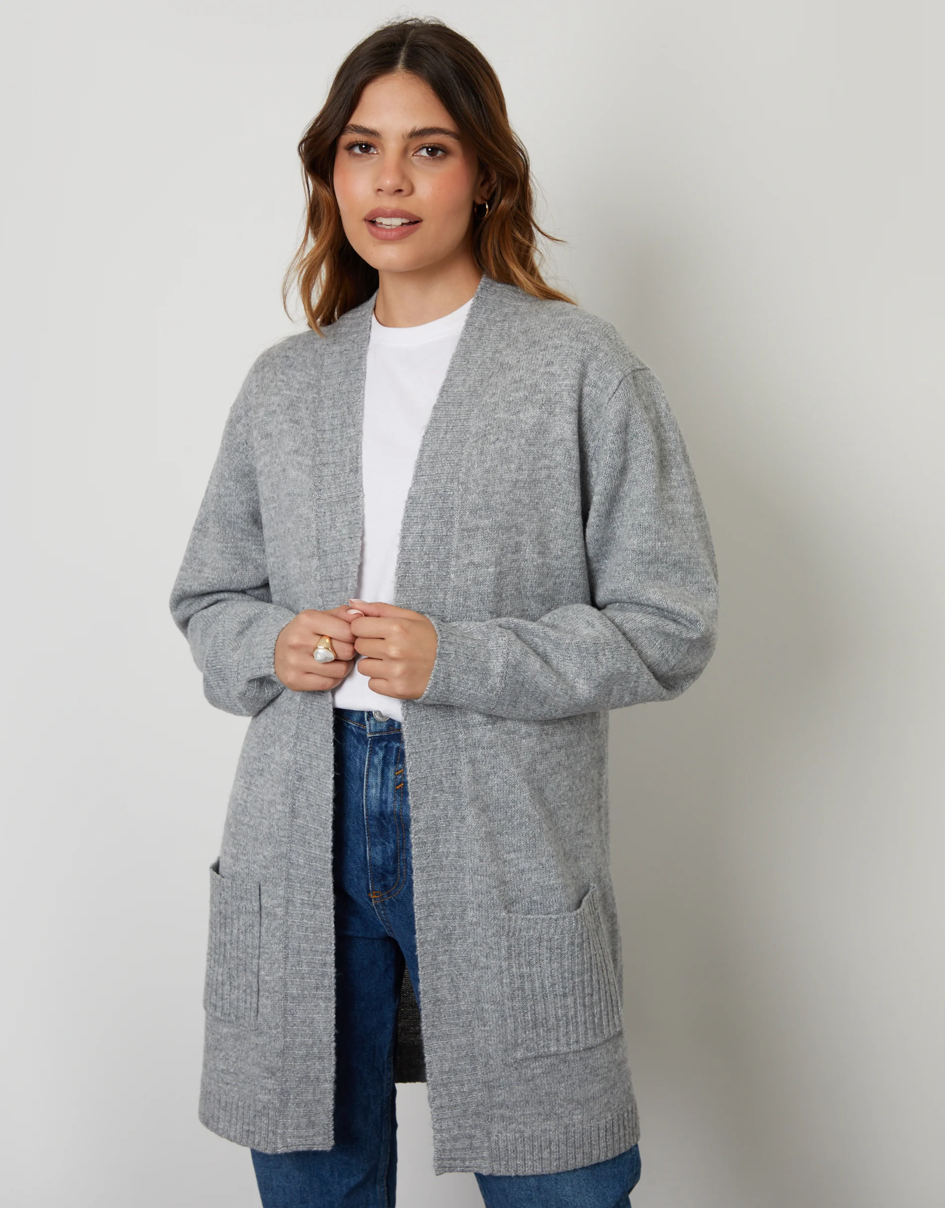 Longline Knitted Open Cardigan in Grey - Image 3