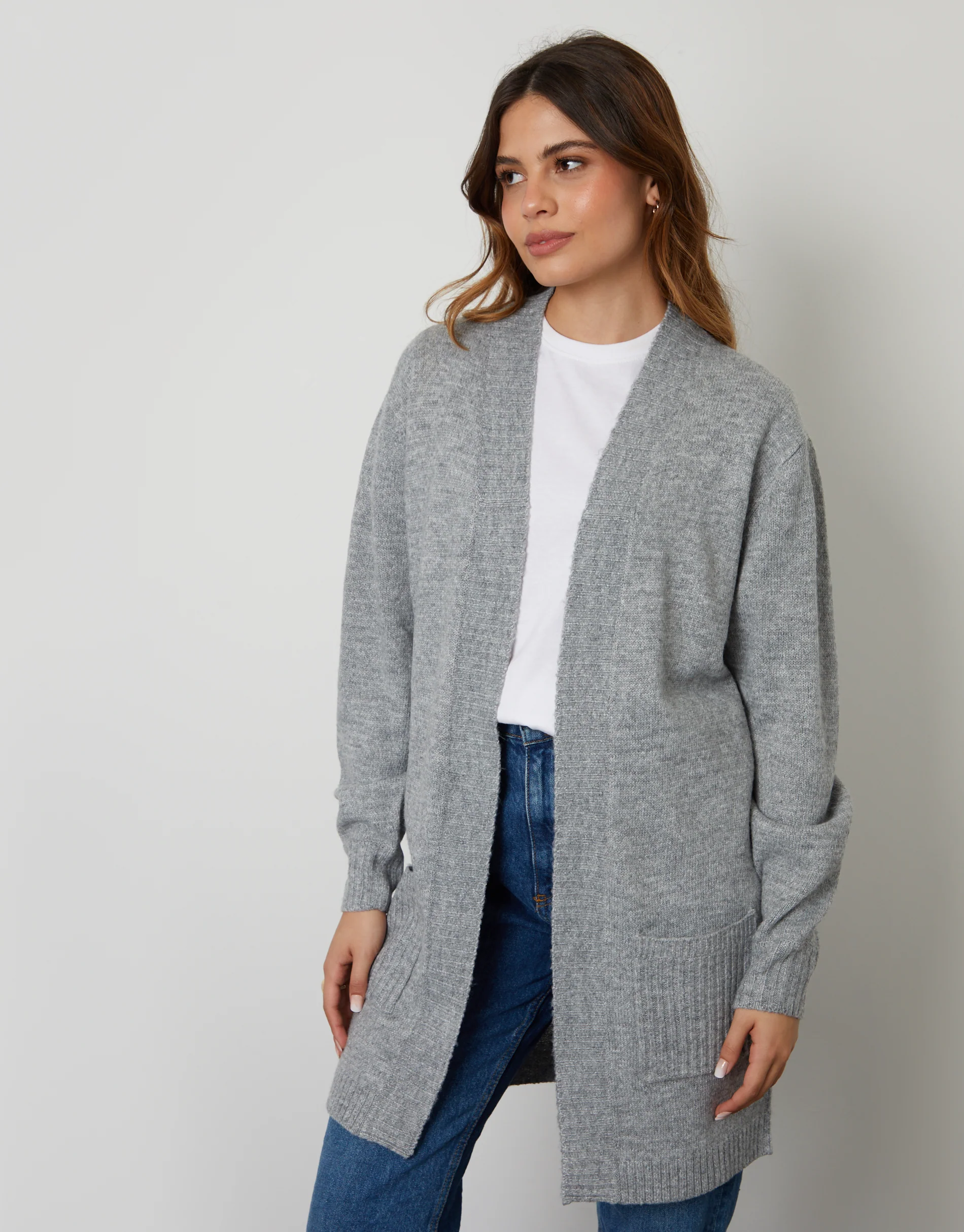 Longline Knitted Open Cardigan in Grey - Image 4