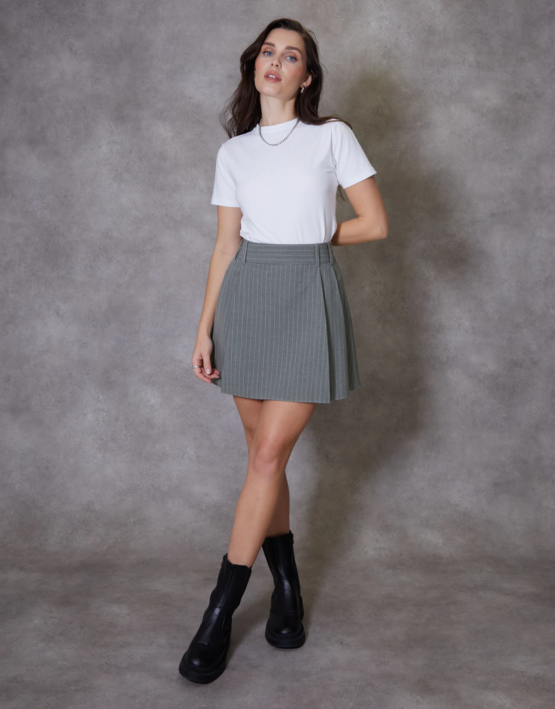 Pinstripe Pleated Mini Skirt in Grey Stripe - Image 4