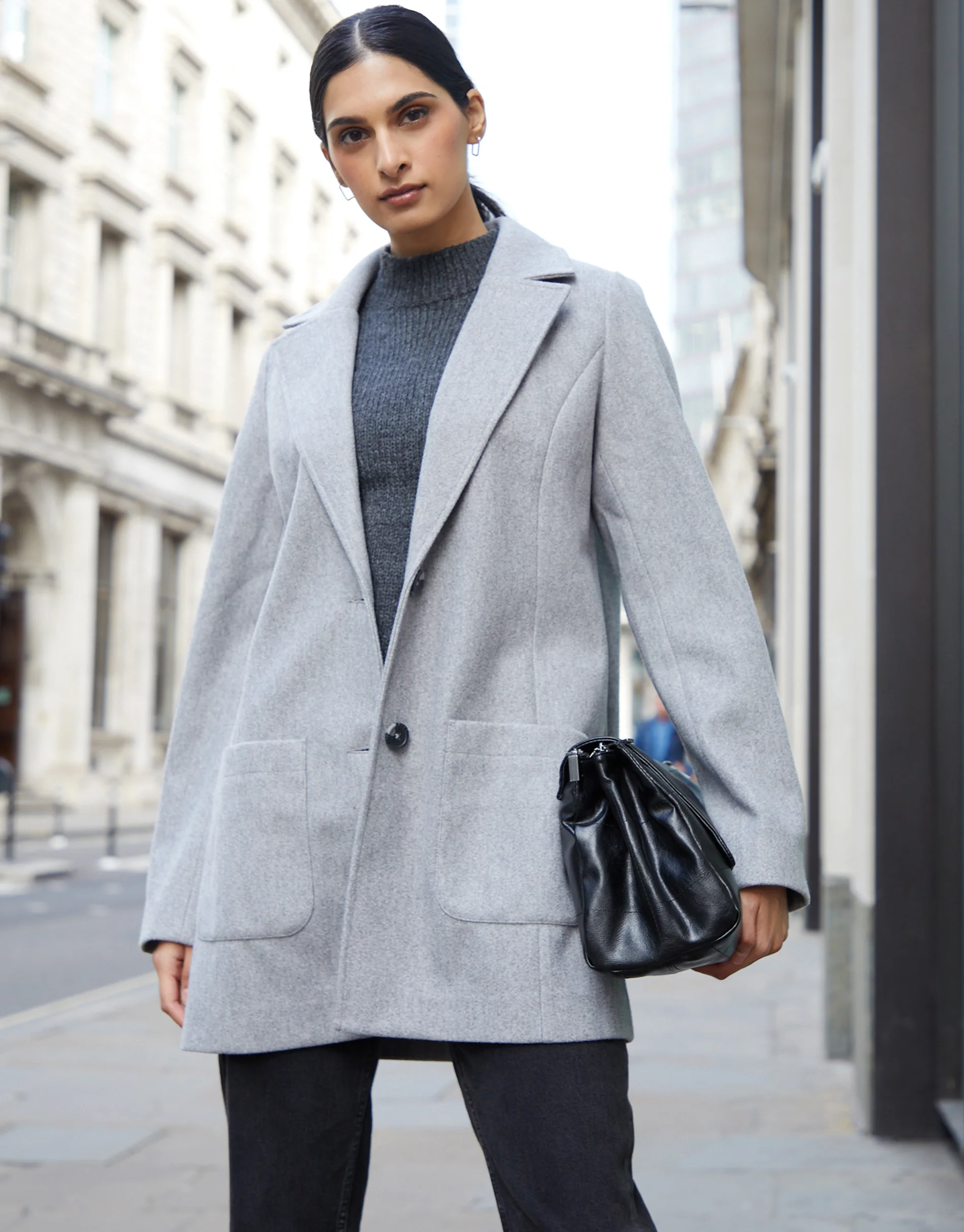 Single Breasted Relaxed Formal Coat in Grey