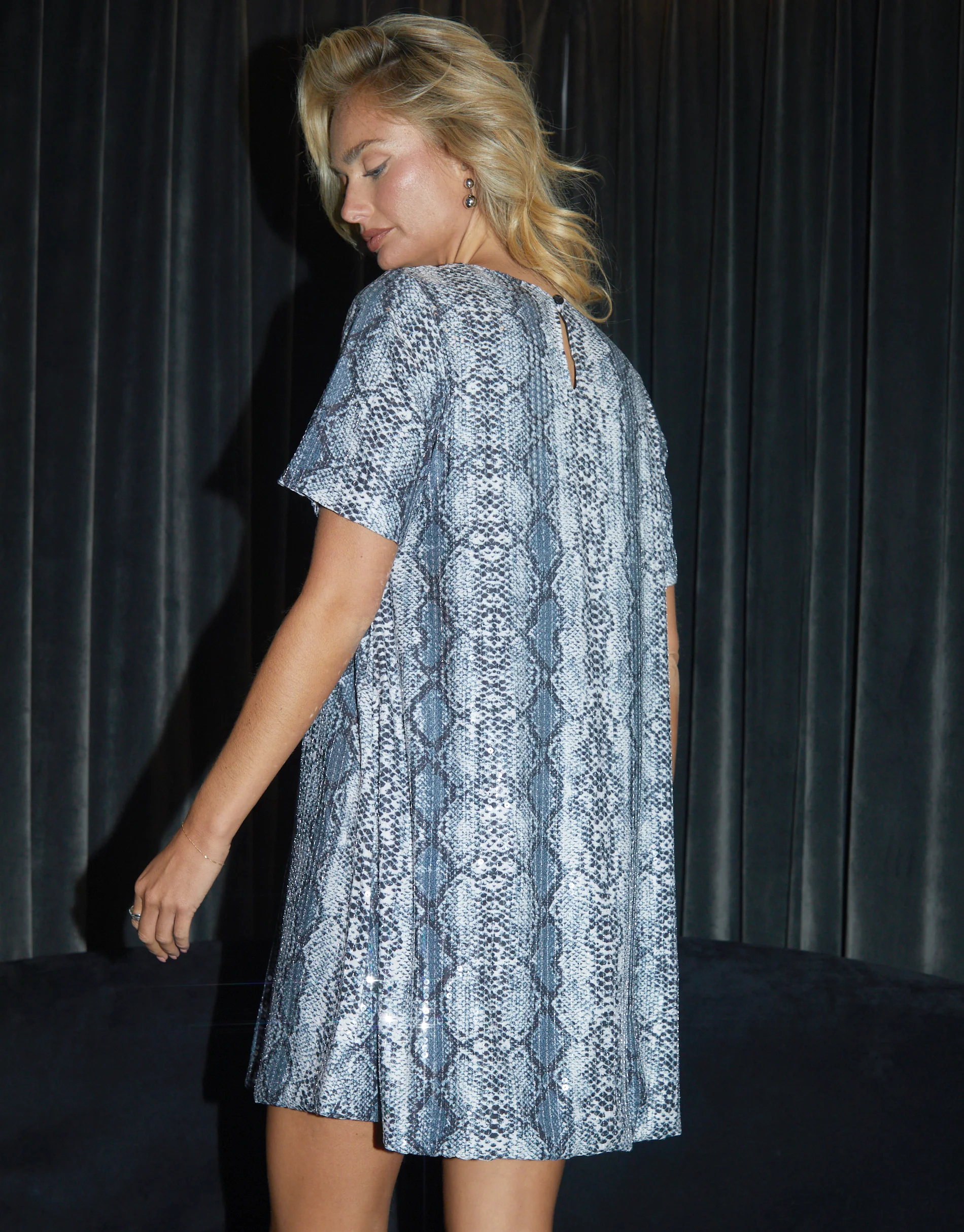Snake Print Sequin Mini Party Dress in Grey - Image 2
