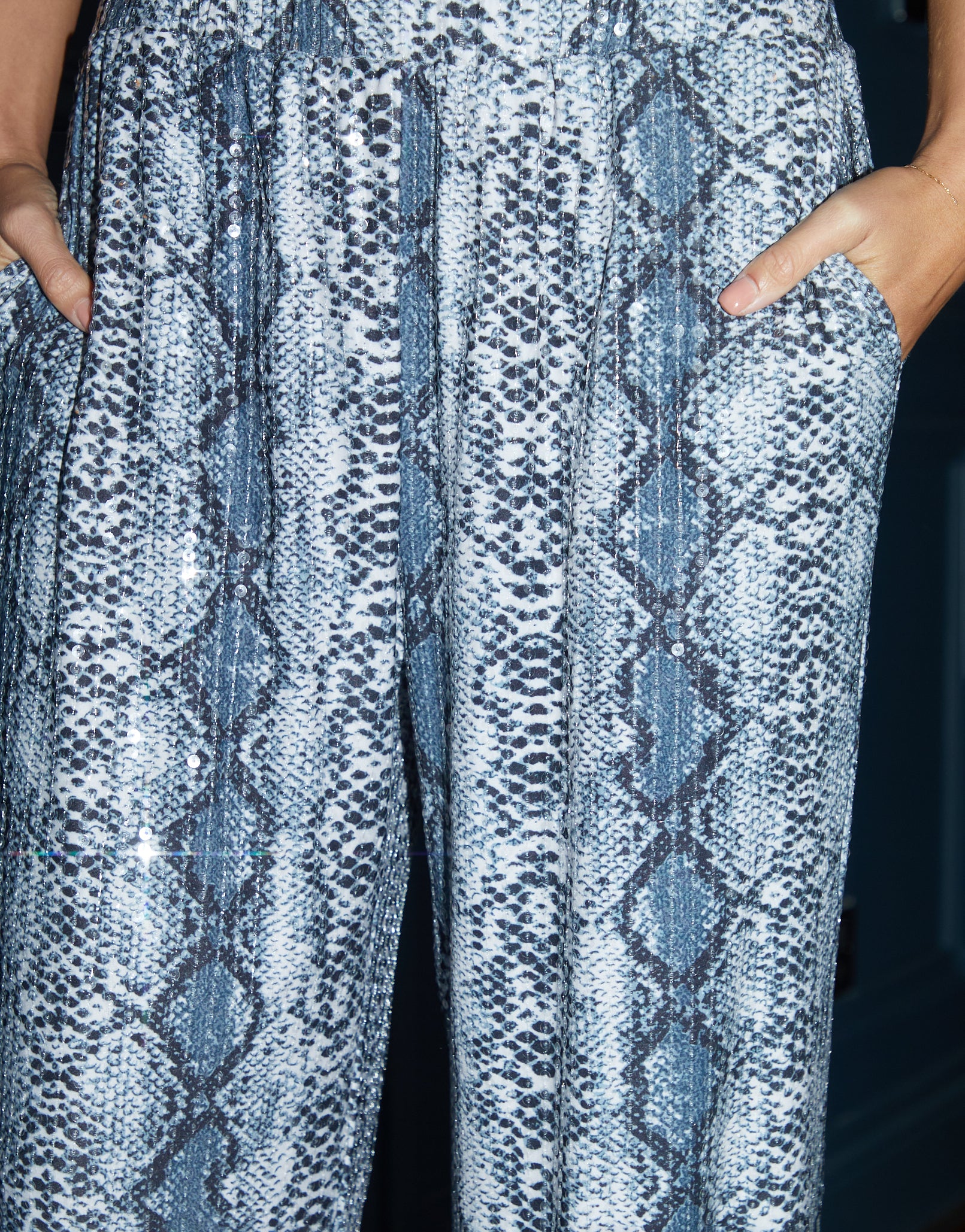 Snake Print Sequin Trousers in Grey - Image 4