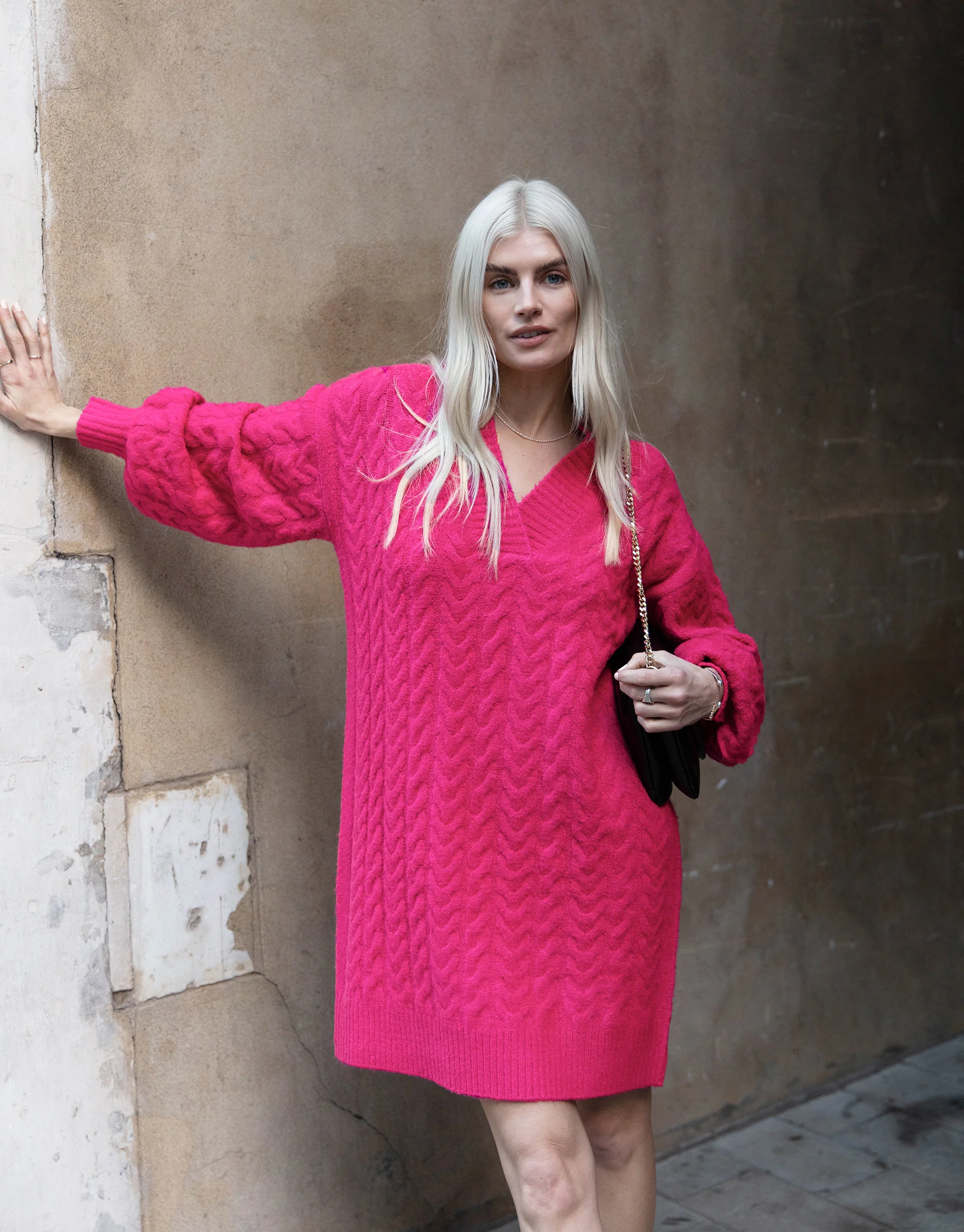 Cable Knit Jumper Dress in Pink