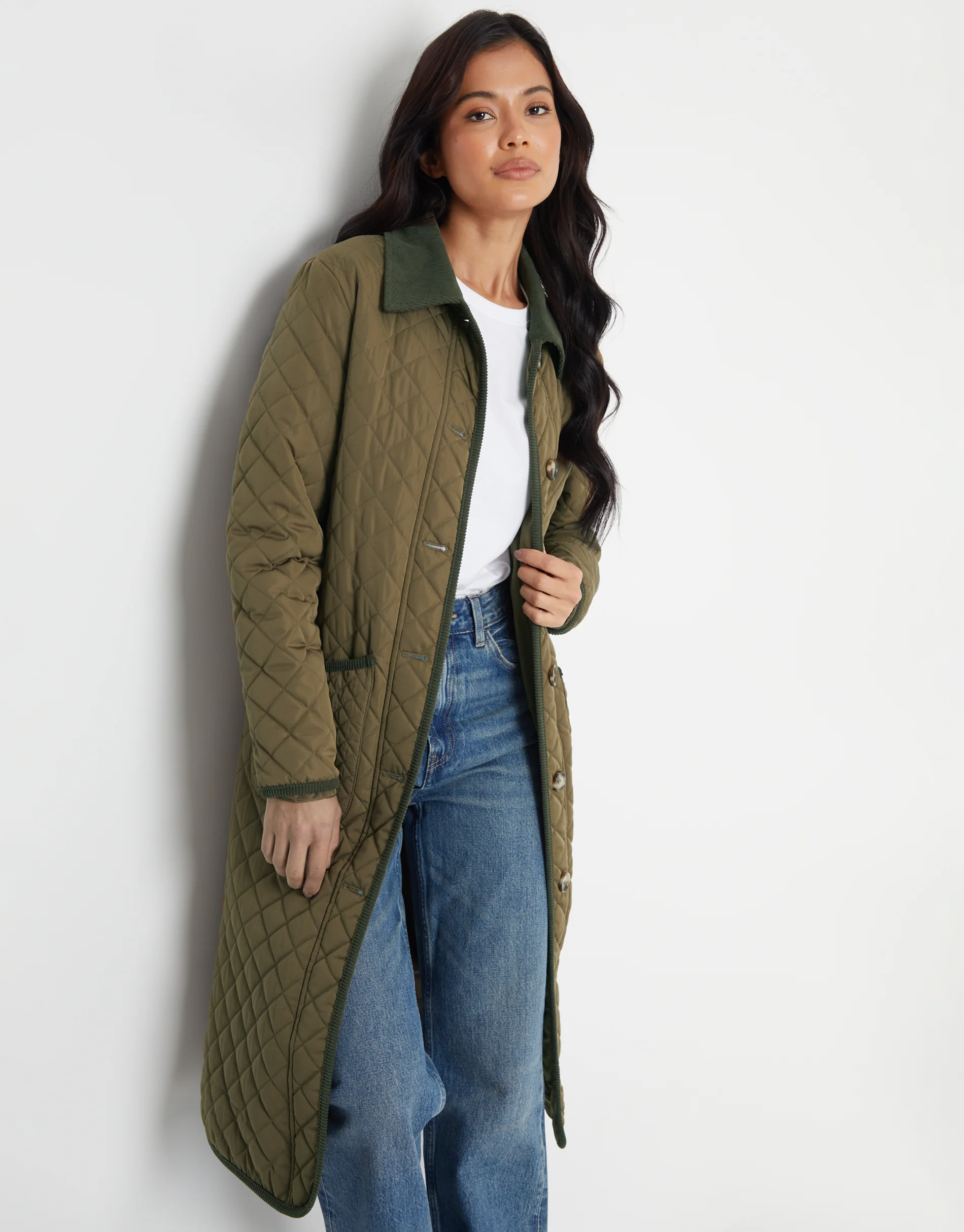 Button Up Collared Diamond Quilted Maxi Coat in Khaki Green - Image 3